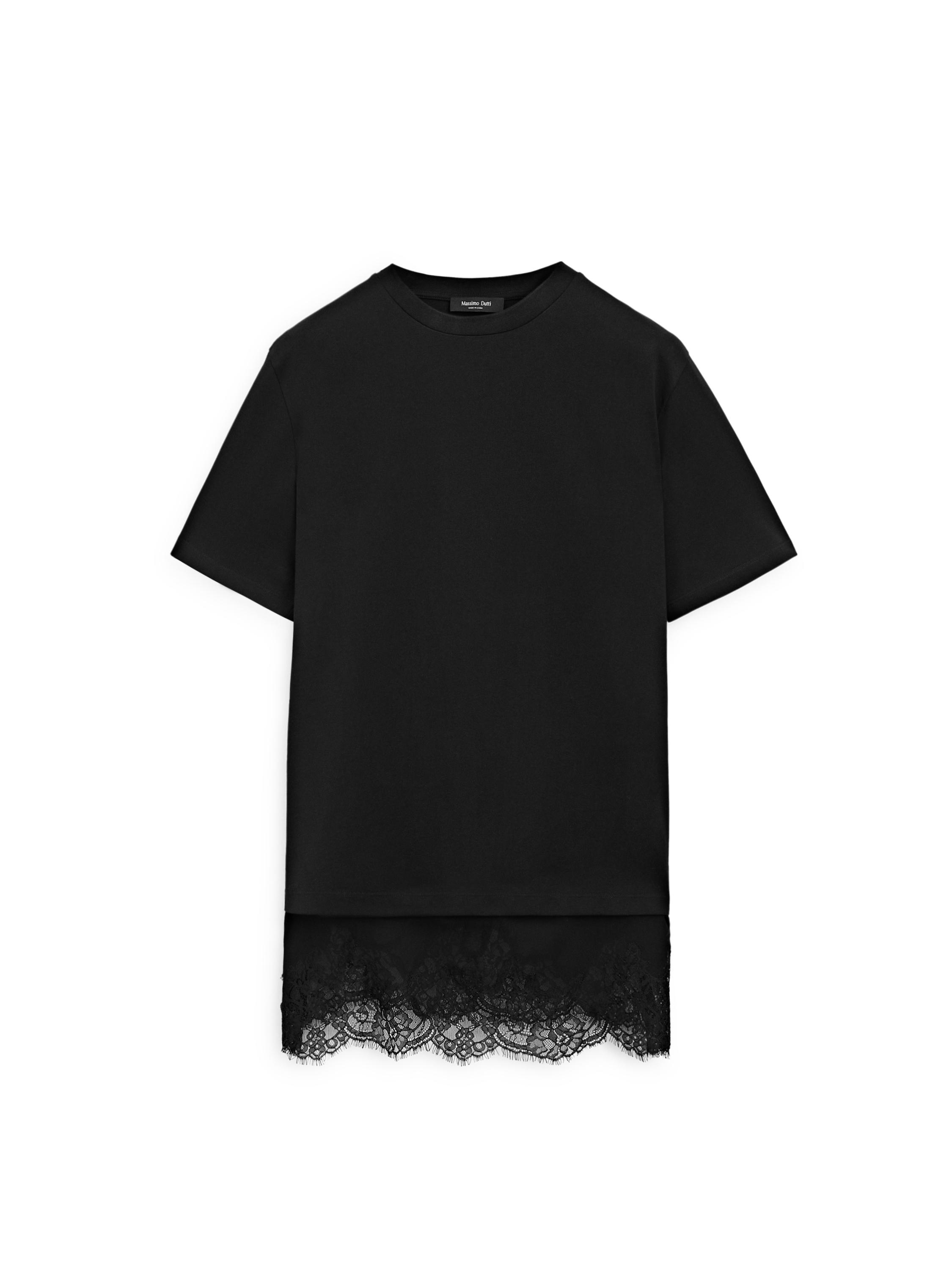 Short sleeve T-shirt with lace detail — BLACK