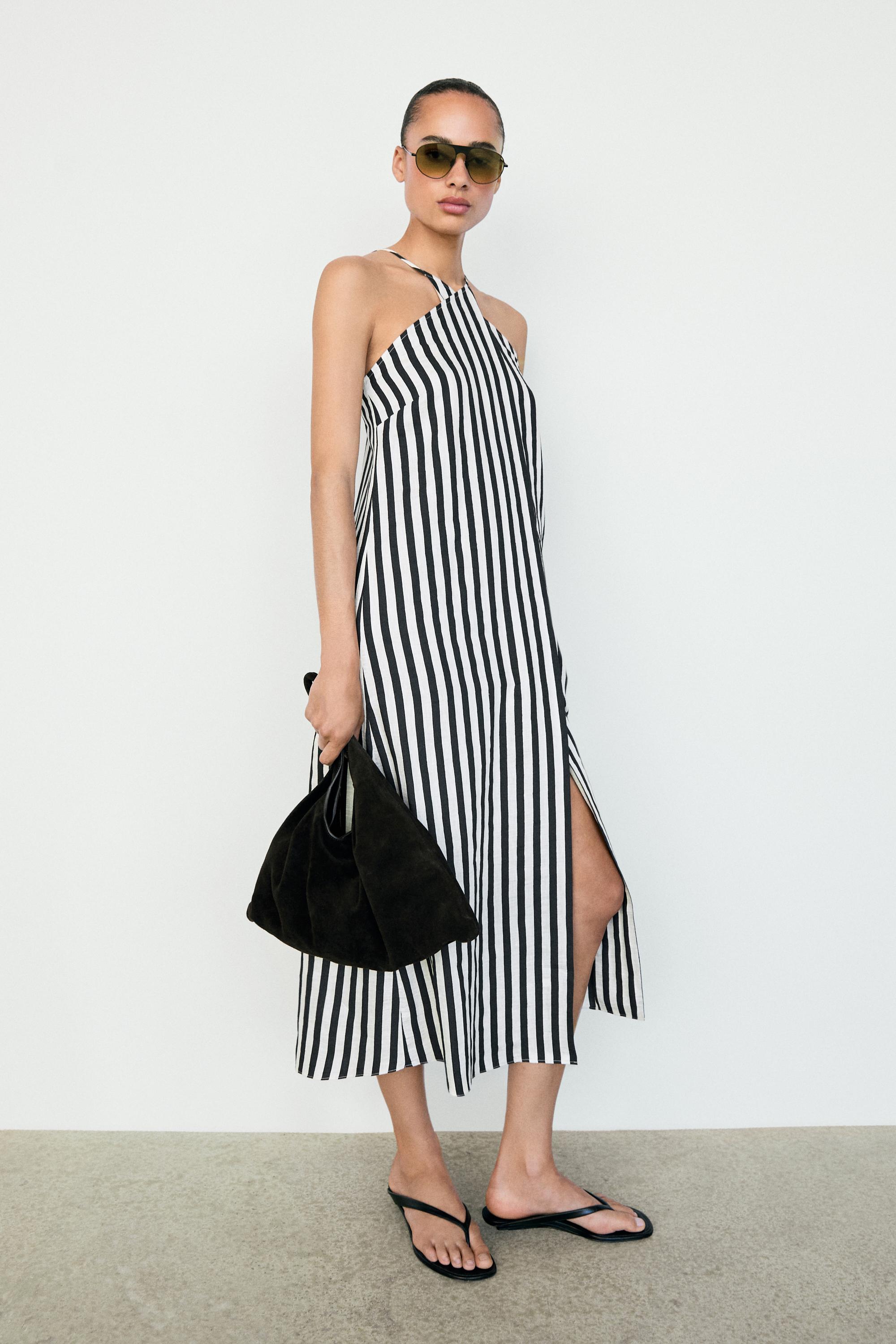 Striped midi dress with crisscross straps — BLACK