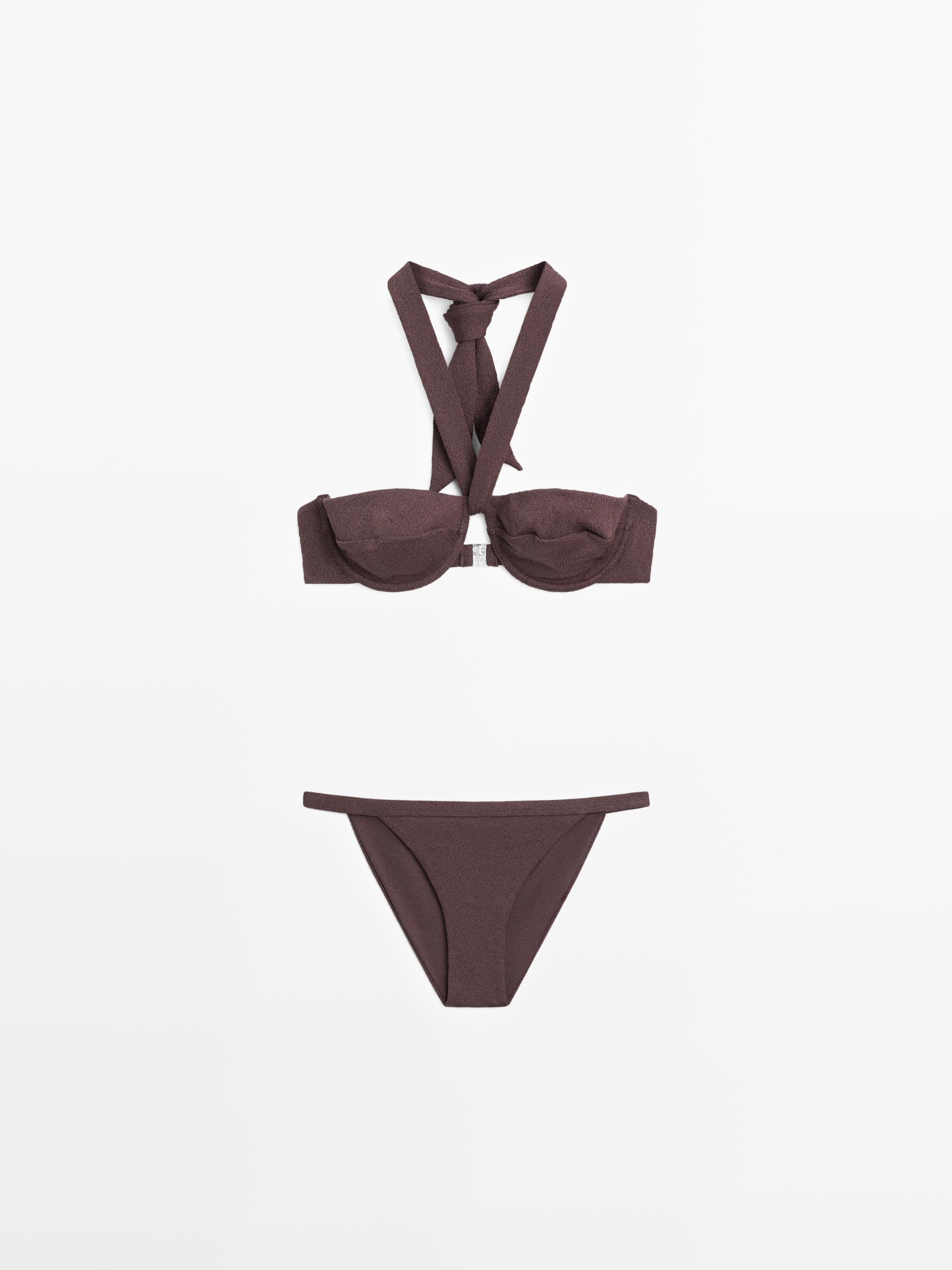 Textured bikini top with underwire and tied neck — BROWN