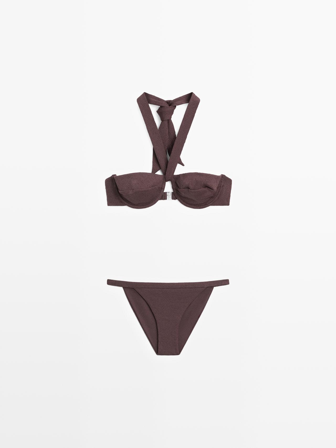 Textured bikini top with underwire and tied neck — BROWN