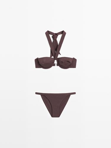 Textured bikini top with underwire and tied neck — BROWN 9