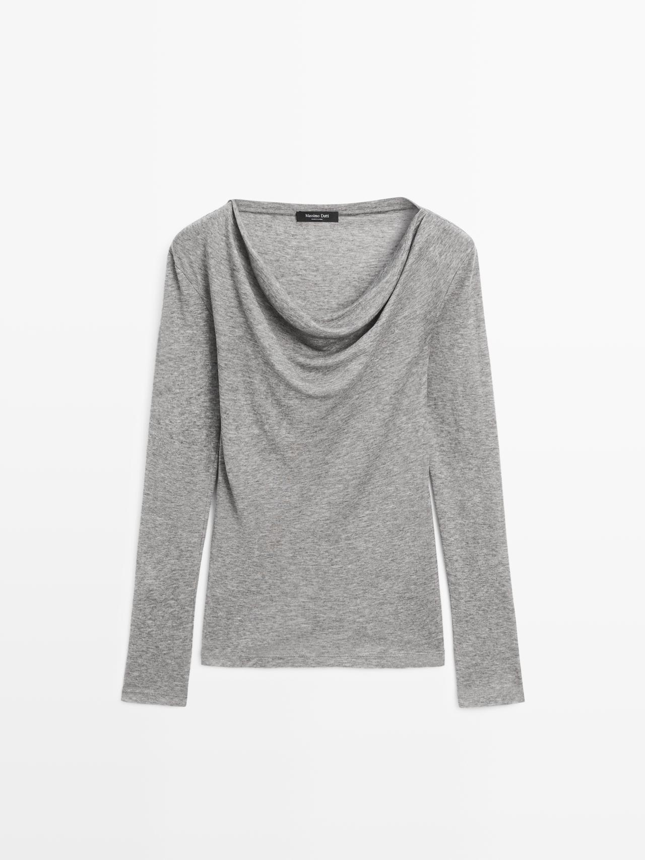 Massimo Dutti - Dame - Langærmet T-Shirt Med Draperet Halsudskæring - Mink - Xl