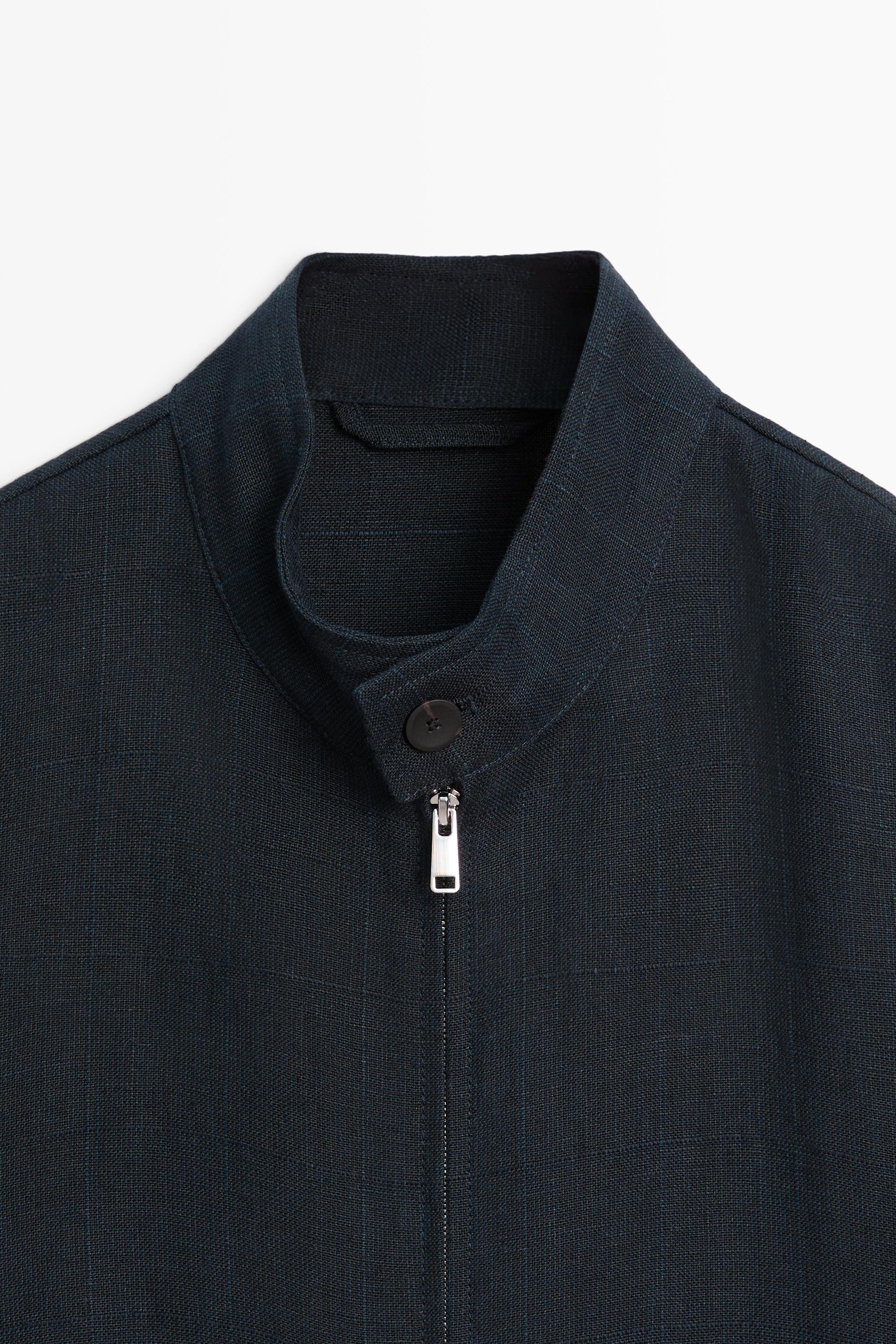 100% linen banded collar jacket — NAVY BLUE