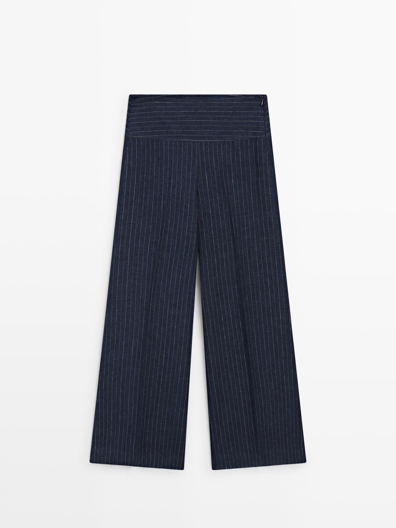 Massimo Dutti - Dames - Linnen Broek Met Klokkende Pijpen En Streepdetail - Marineblauw - 34