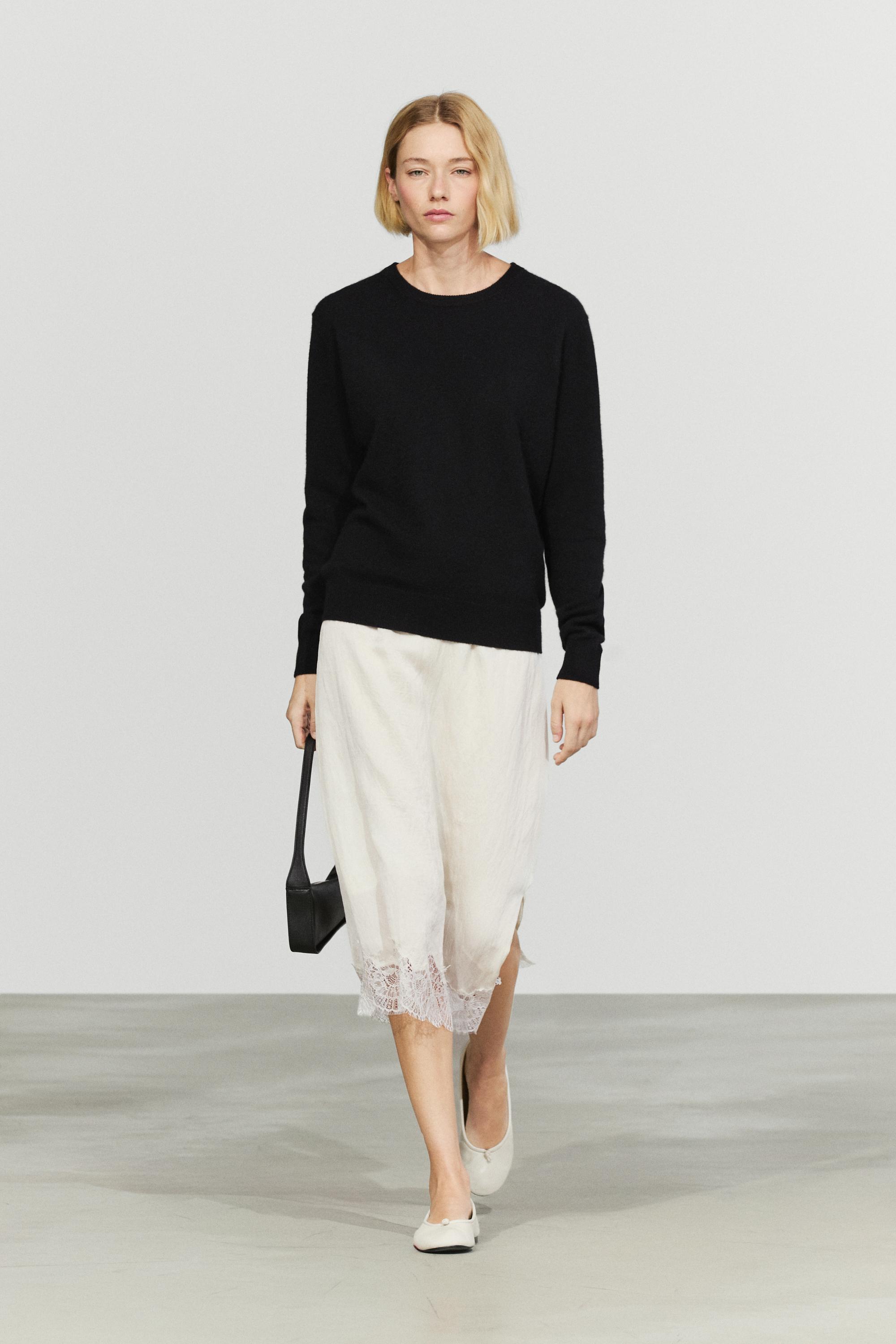 100% cashmere long sleeve sweater — BLACK