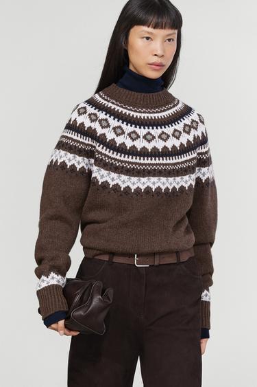 Wool blend jacquard knit sweater — BROWN 5