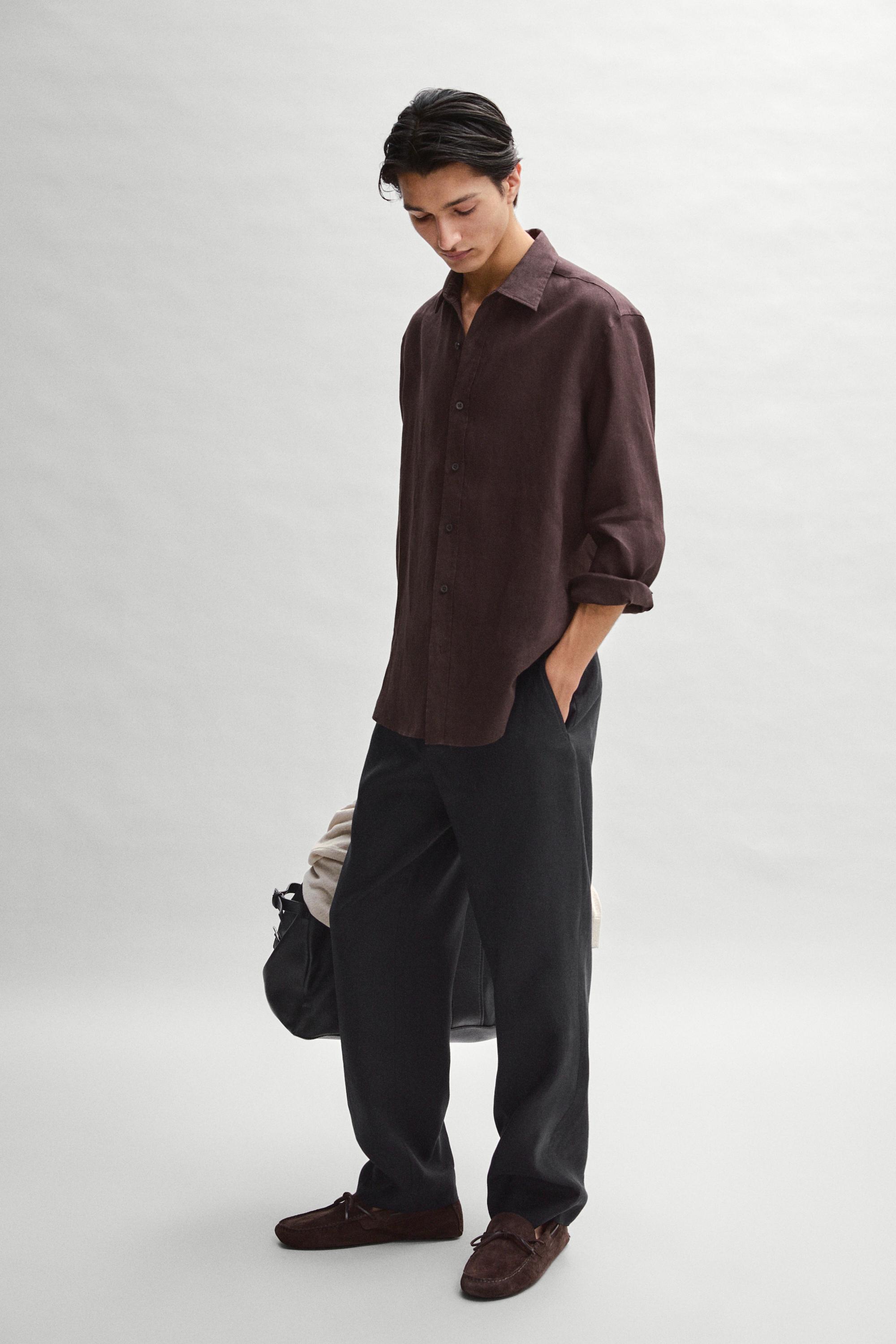 100% linen slim fit shirt — BURGUNDY