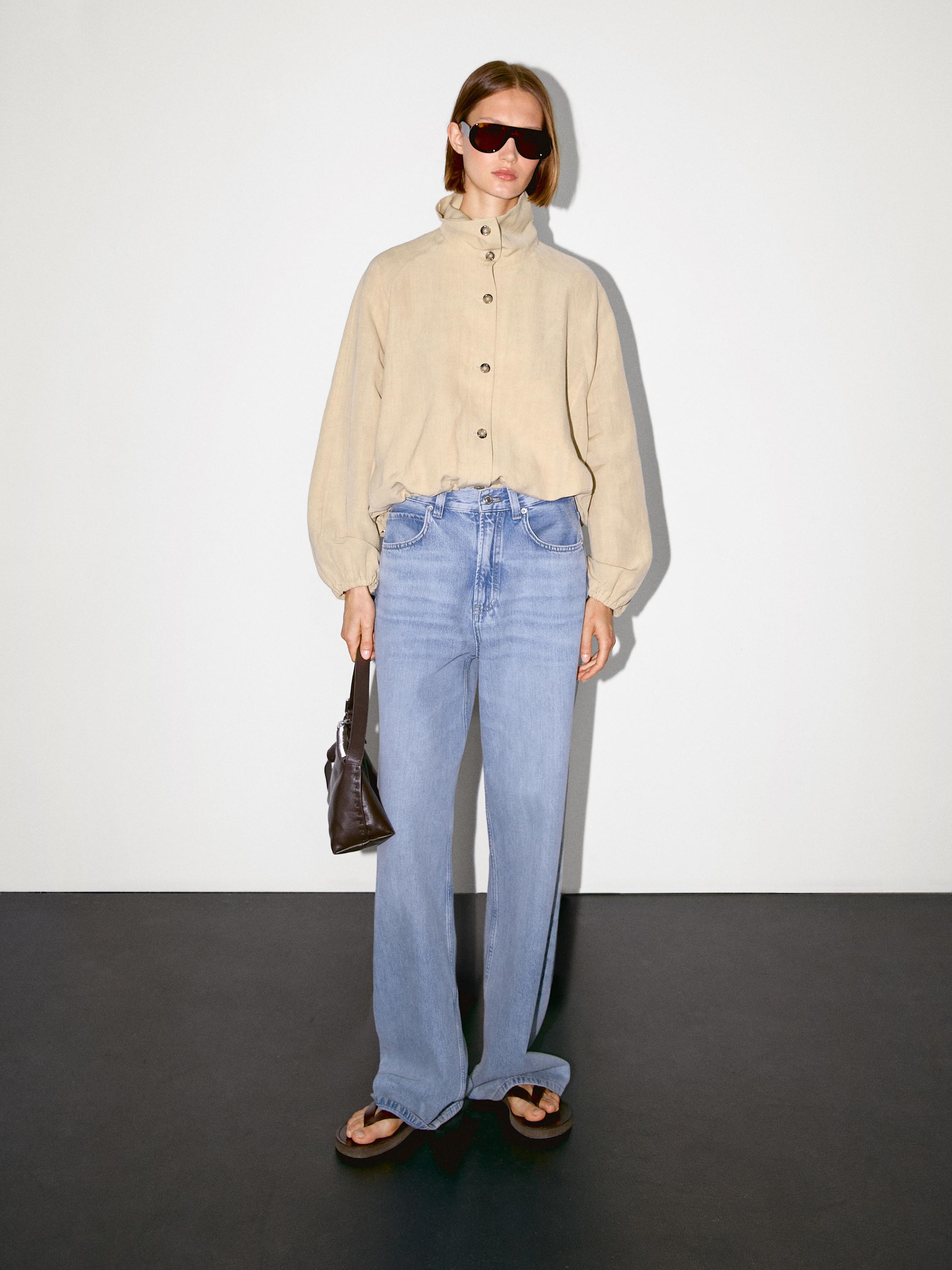High neck linen blend bomber jacket