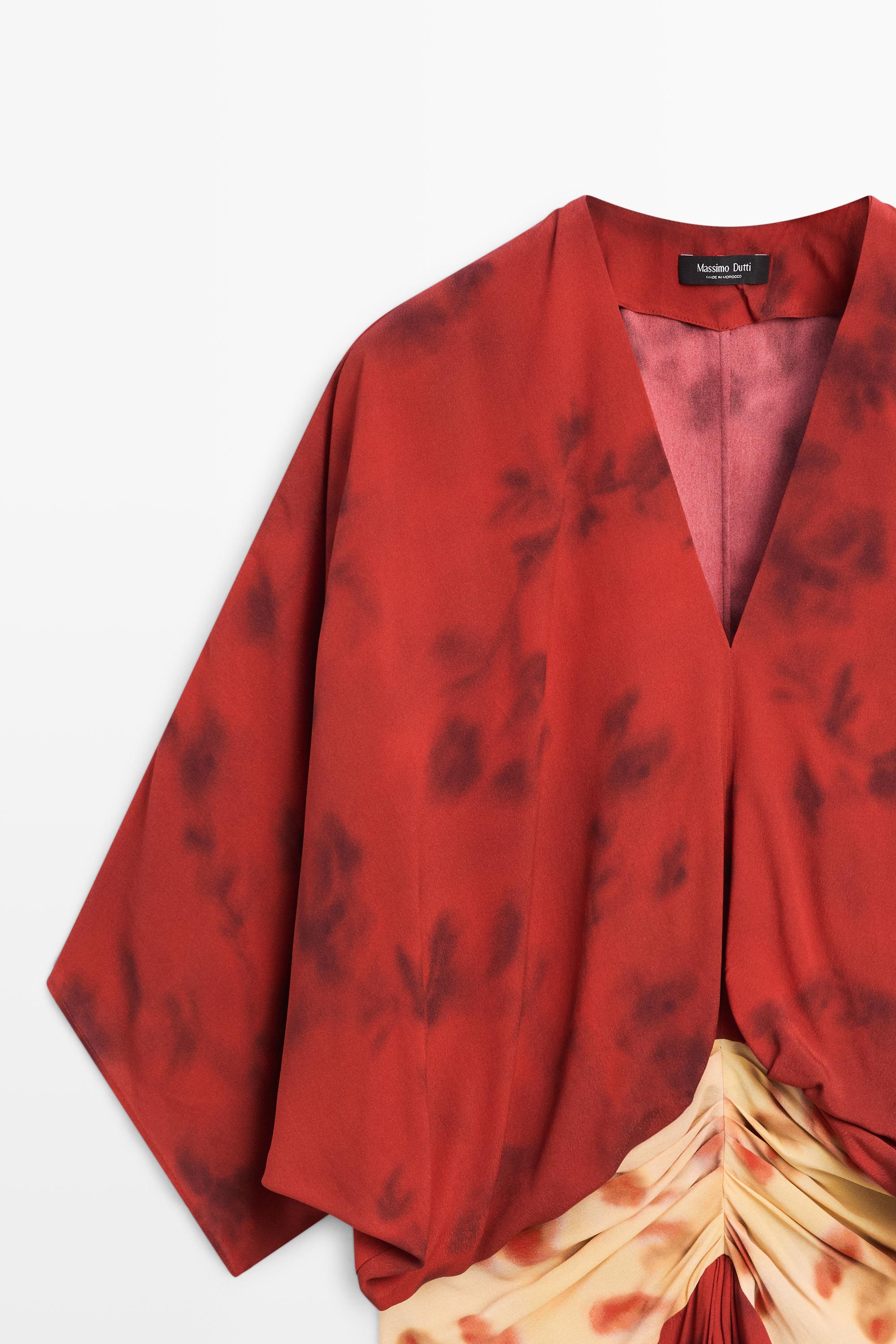Printed flowing dress with sash detail — BRIGHT RED