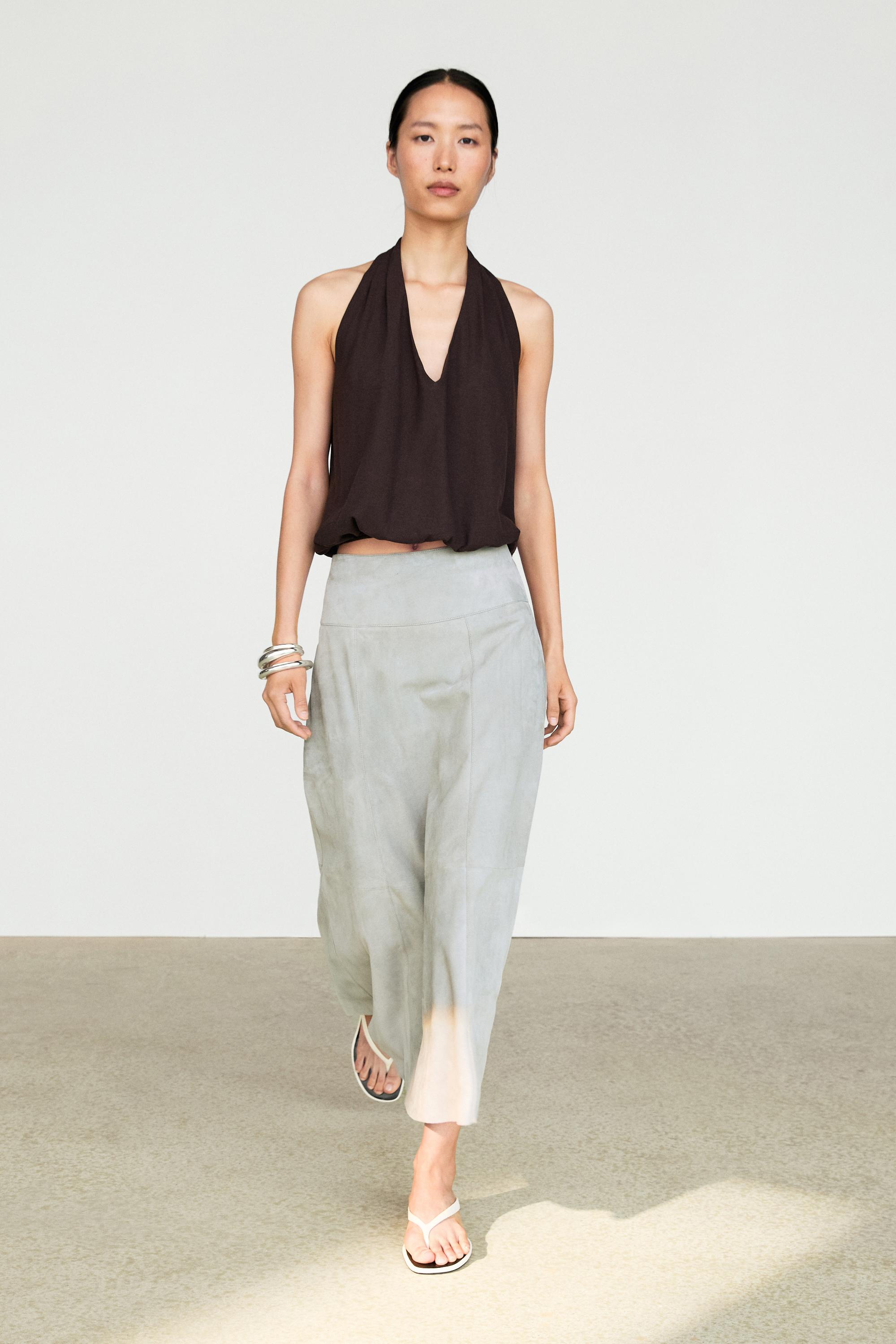 Cotton halter top with elasticated hem — BROWN