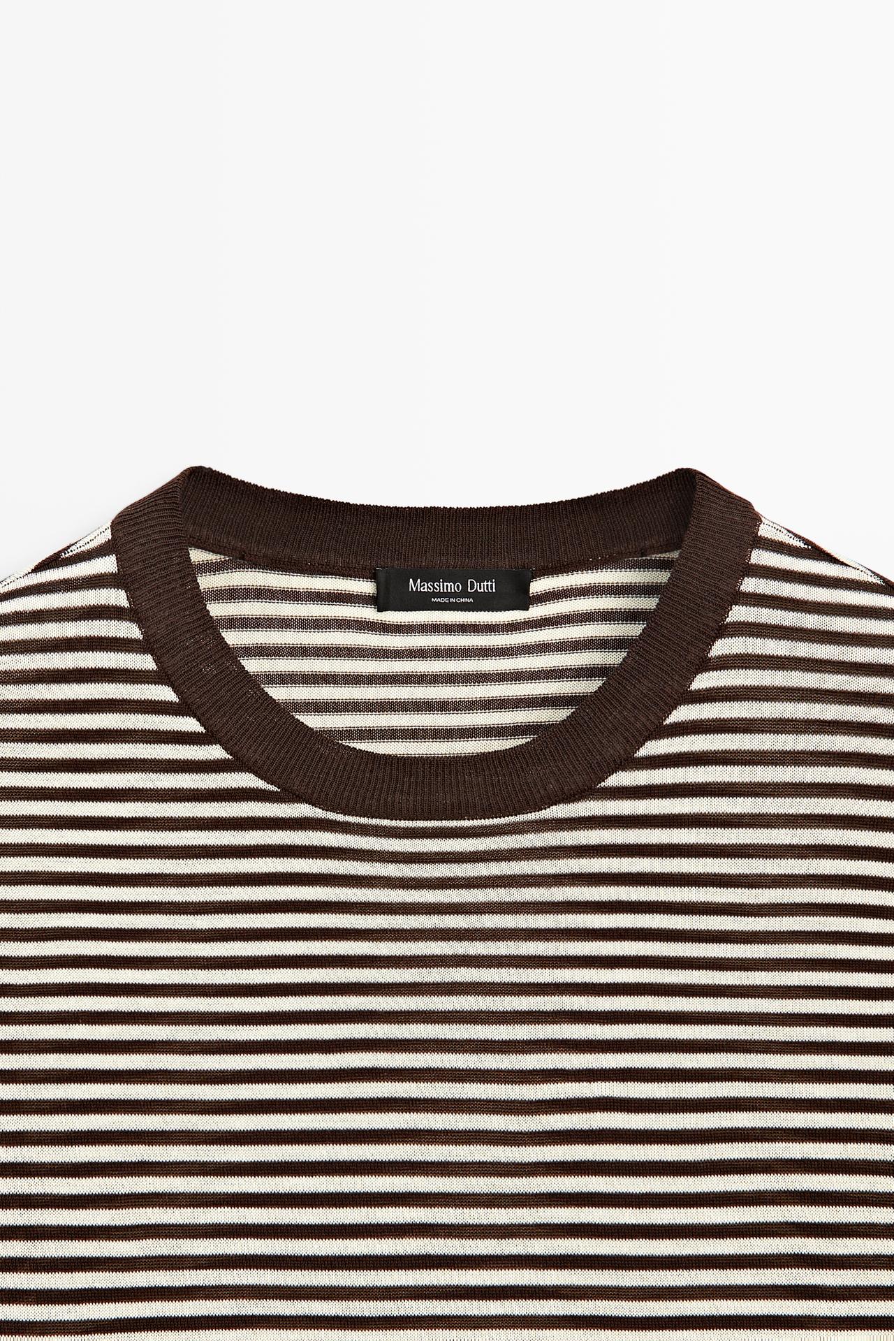 100% cotton short sleeve striped T-shirt — BROWN