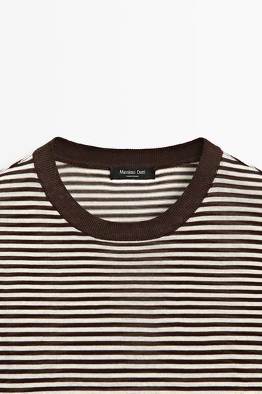 100% cotton short sleeve striped T-shirt — BROWN 9