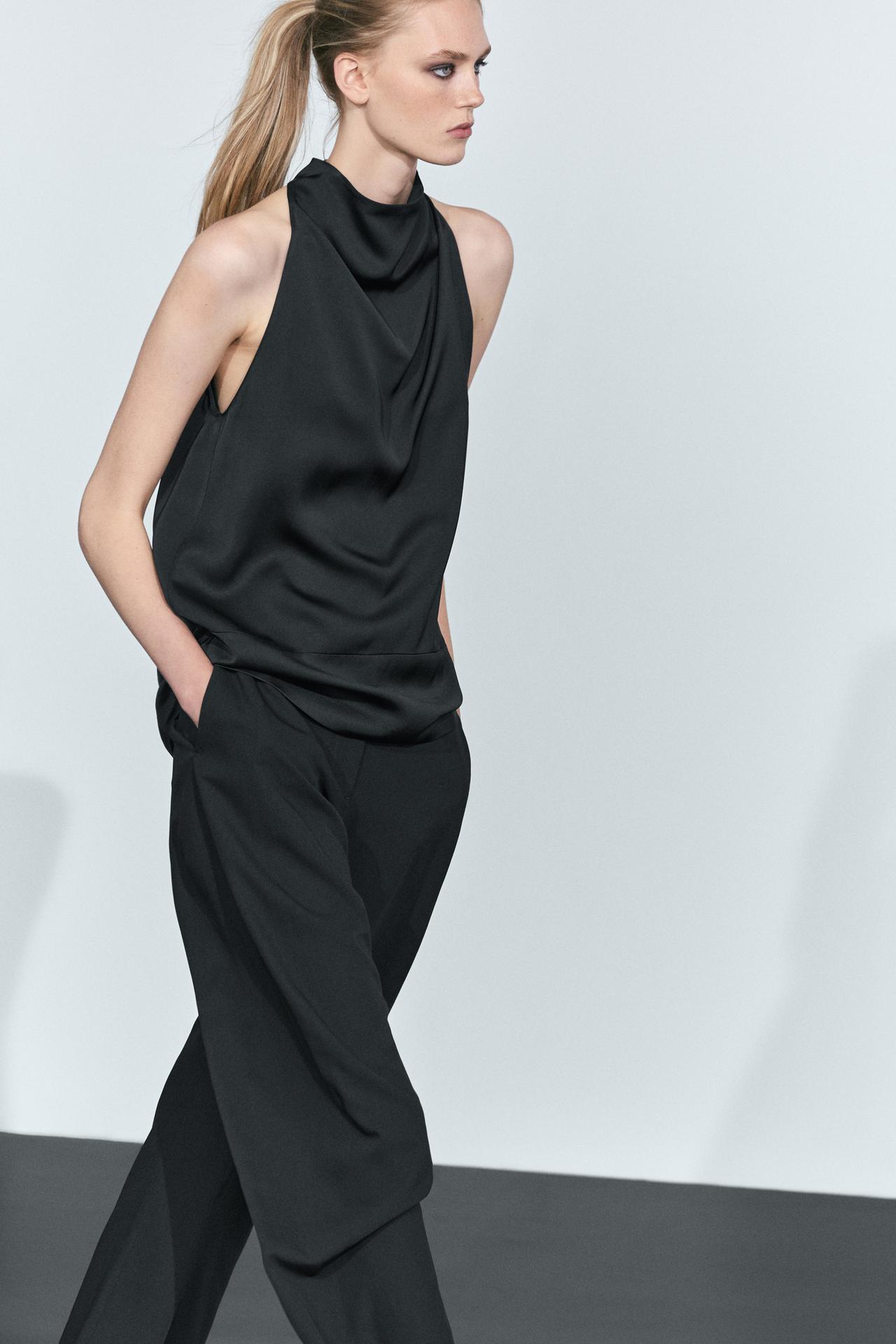 Flowing halter neck top with waistband effect — BLACK