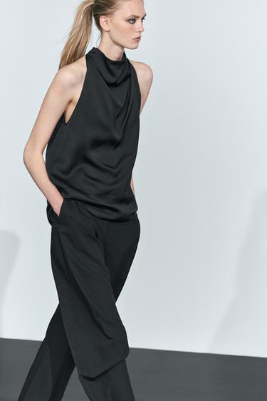 Flowing halter neck top with waistband effect — BLACK 3