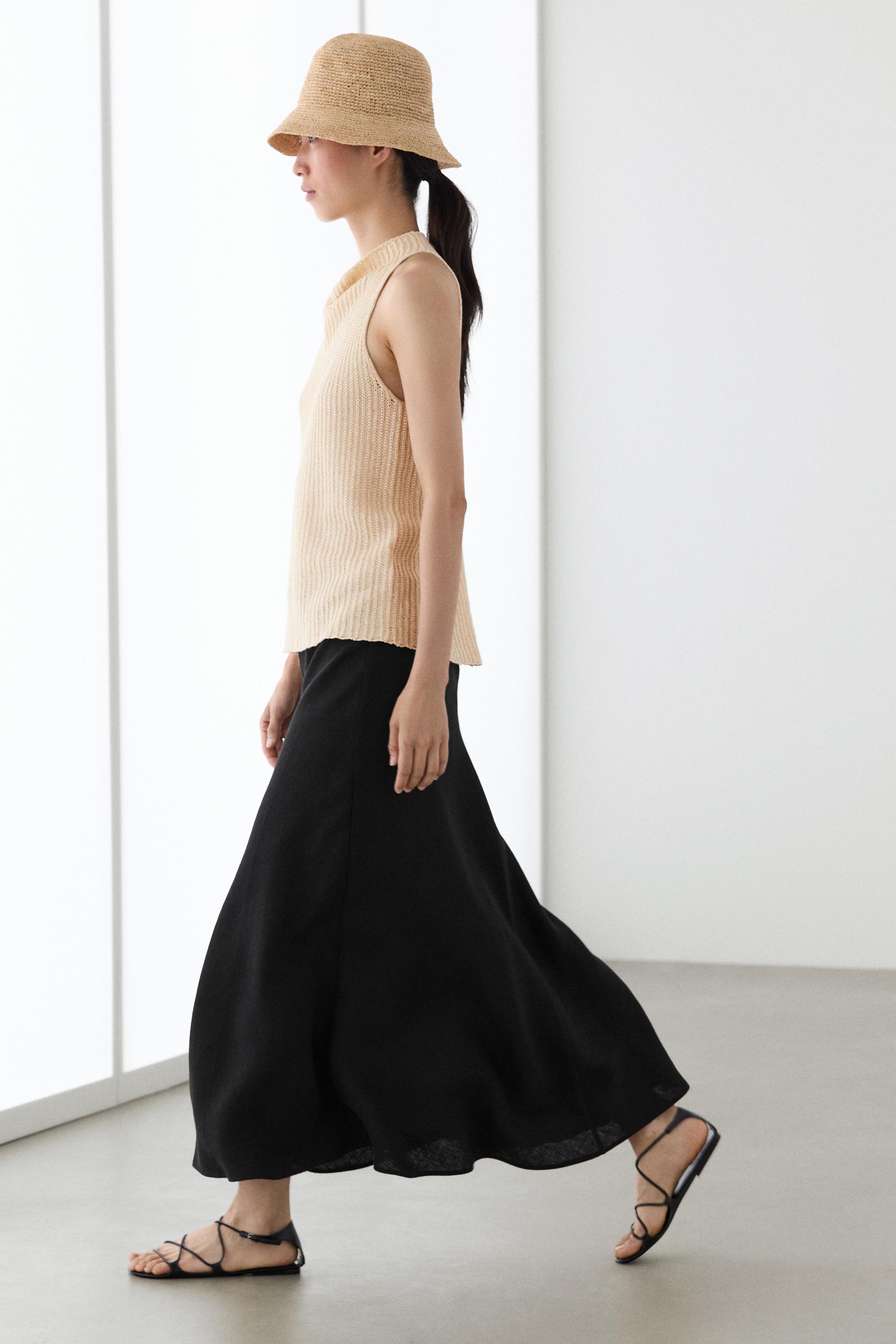Straight linen midi skirt — BLACK