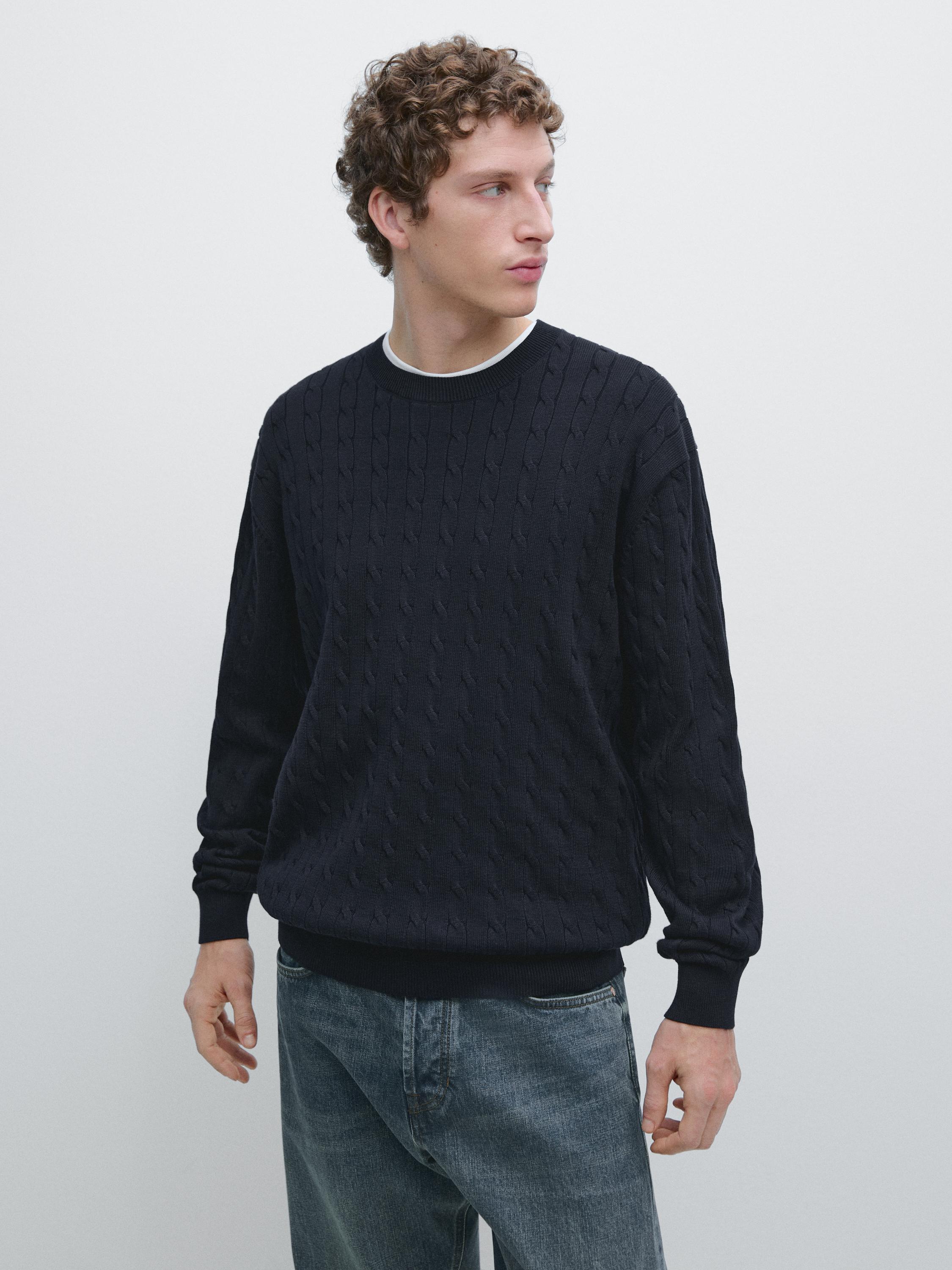 100% cotton cable-knit sweater — NAVY BLUE