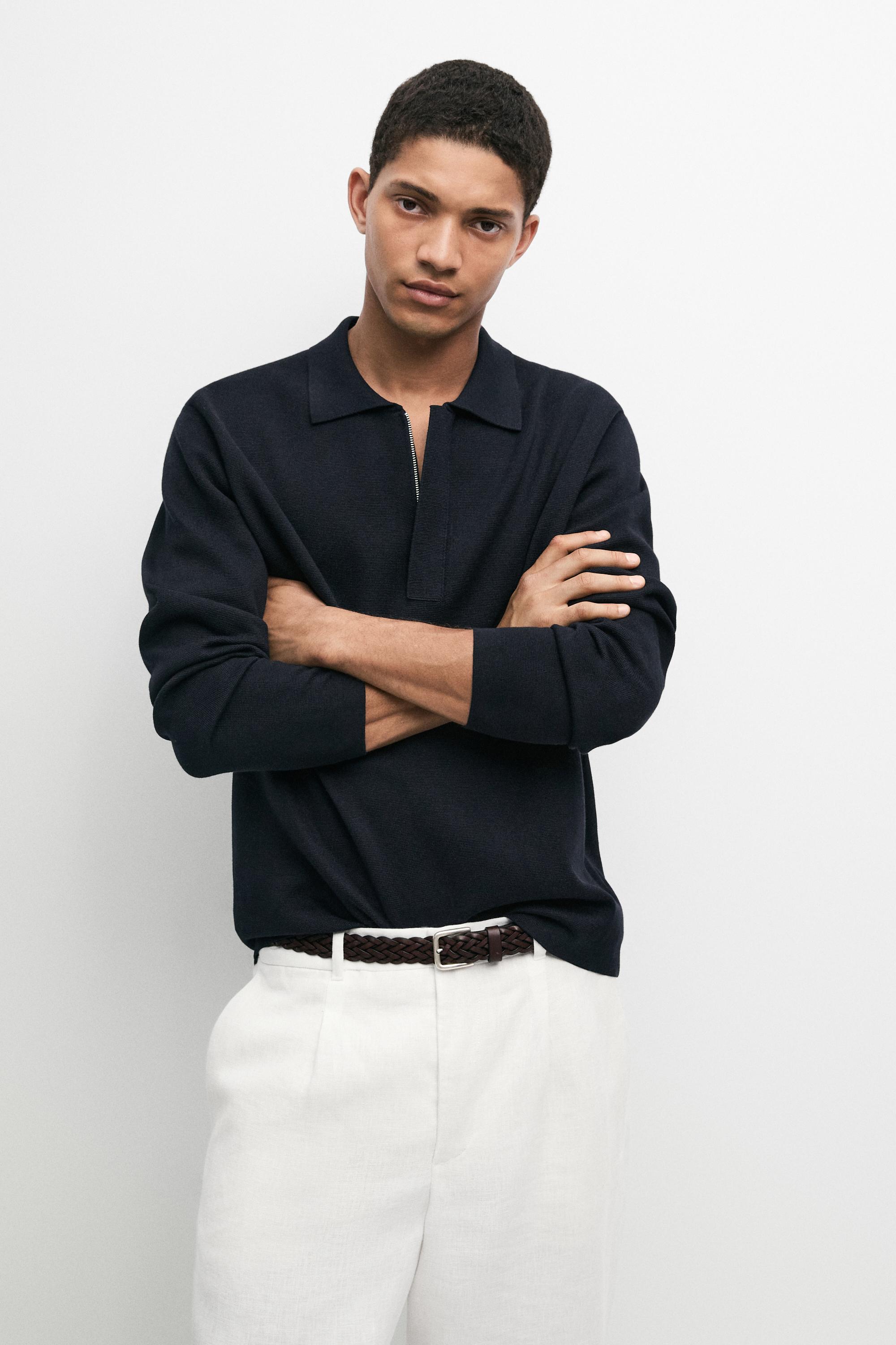 Cotton blend zip-up knit polo sweater — NAVY BLUE
