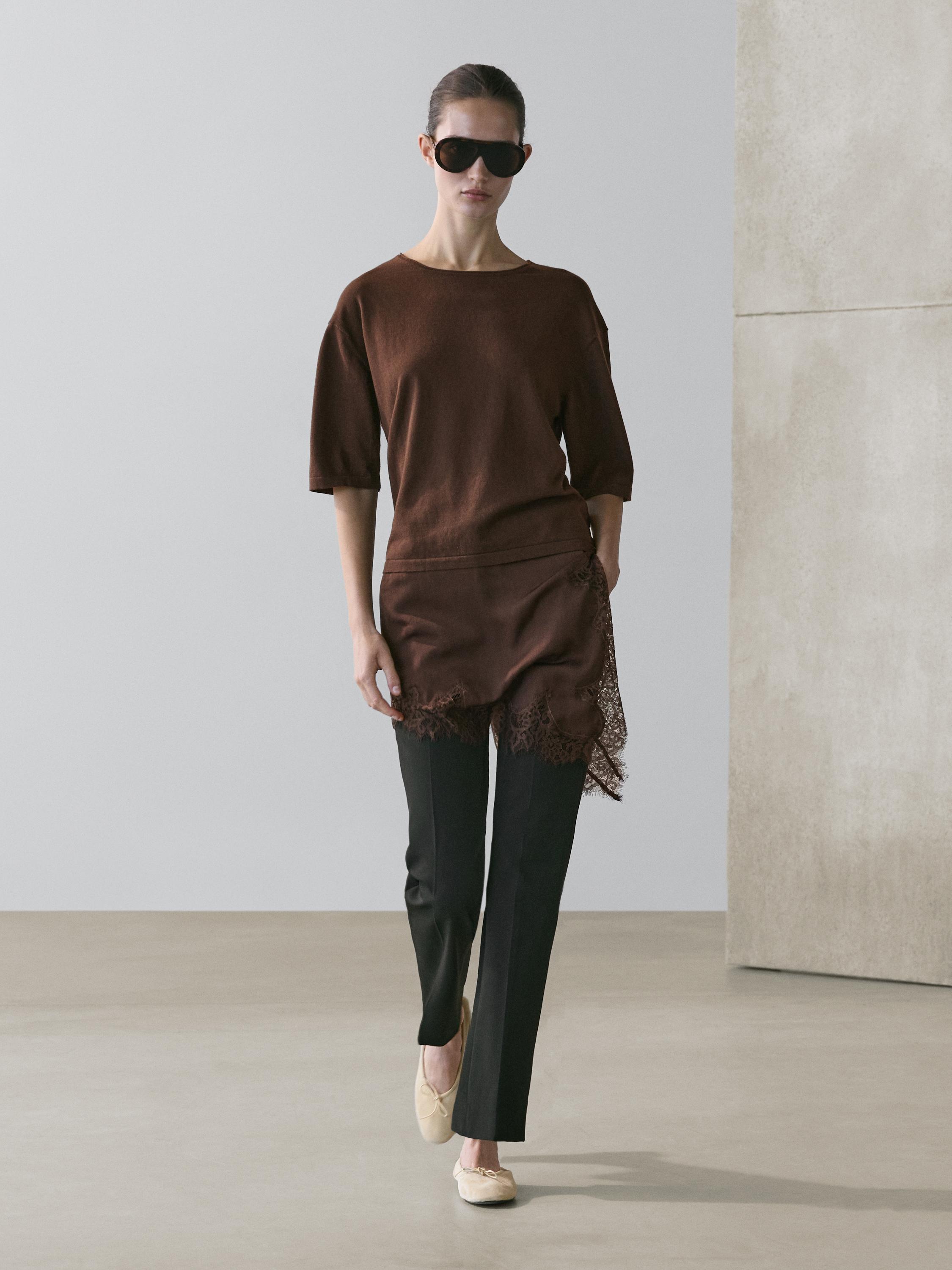 Sweater with contrast lace detail — BROWN