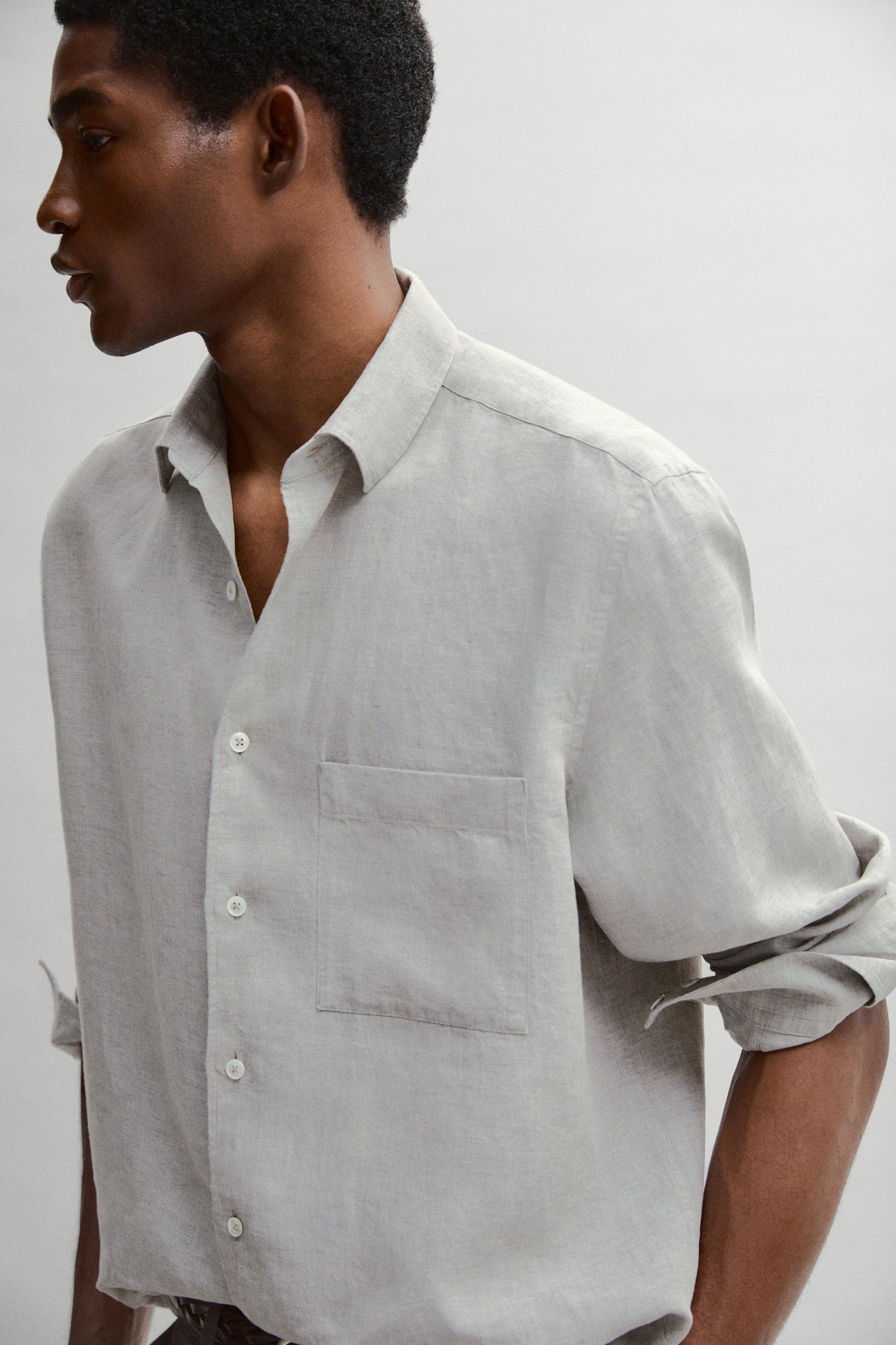 100% linen regular fit shirt with pocket — GREY