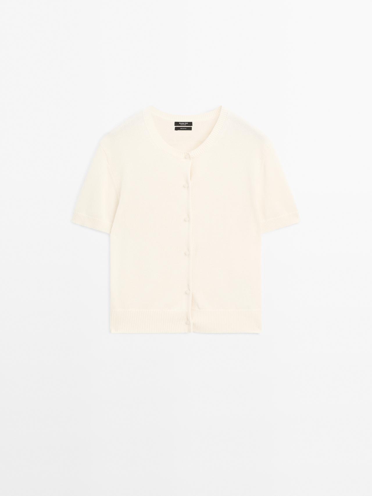 Massimo Dutti - Dame - Strikket Cardigan I Bomuld Med Korte Ærmer - Råhvid - L