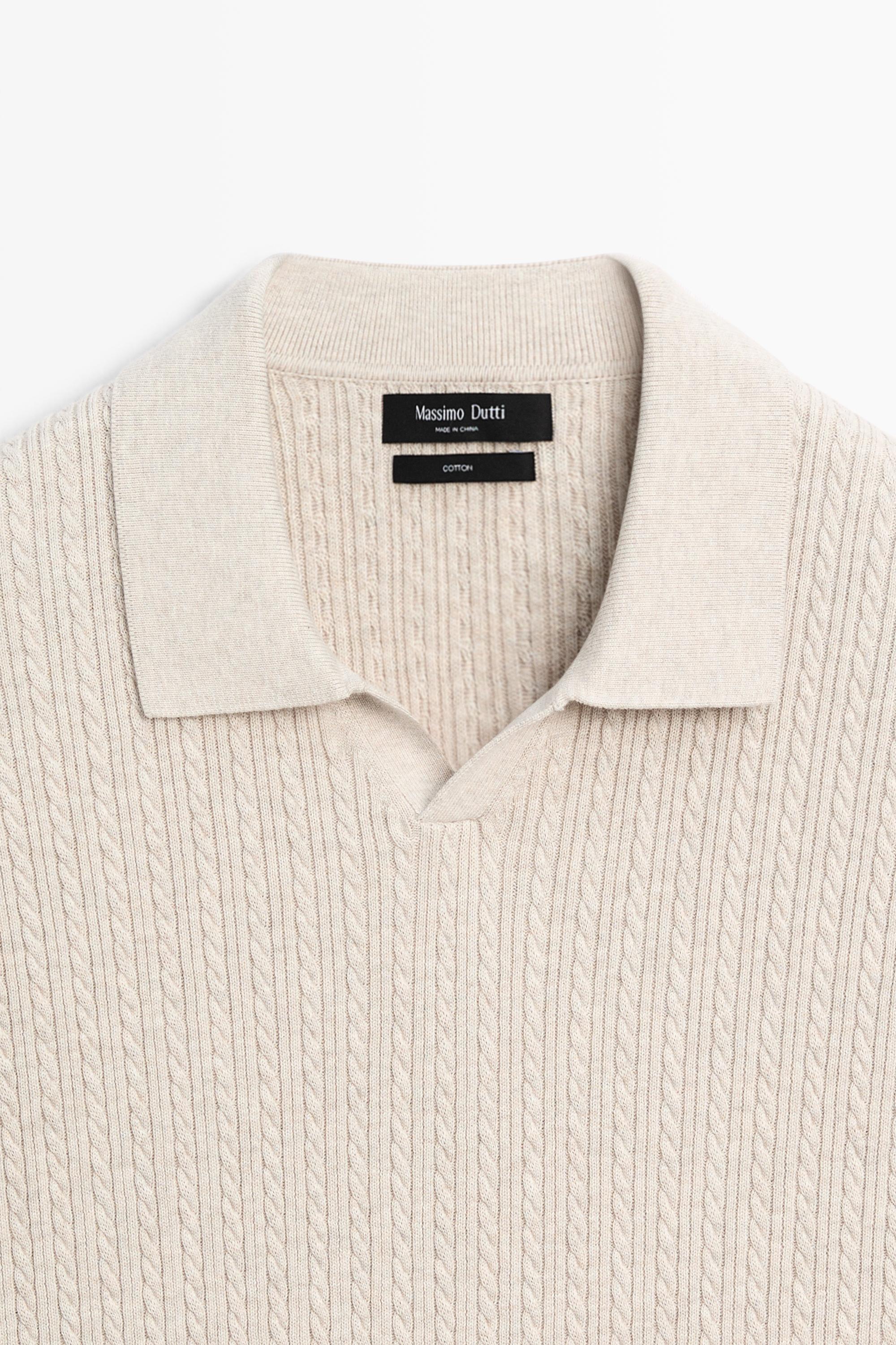 100% cotton cable-knit polo sweater — BEIGE
