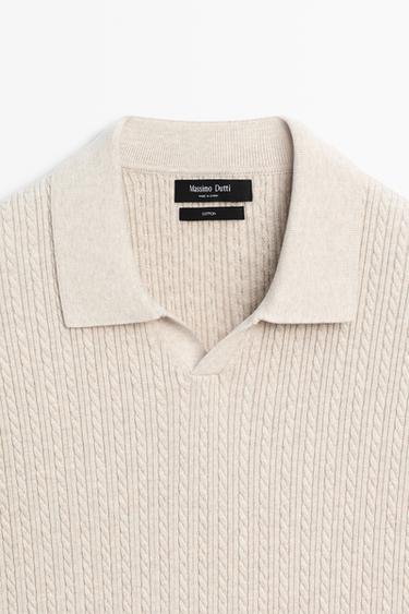 100% cotton cable-knit polo sweater — BEIGE 9