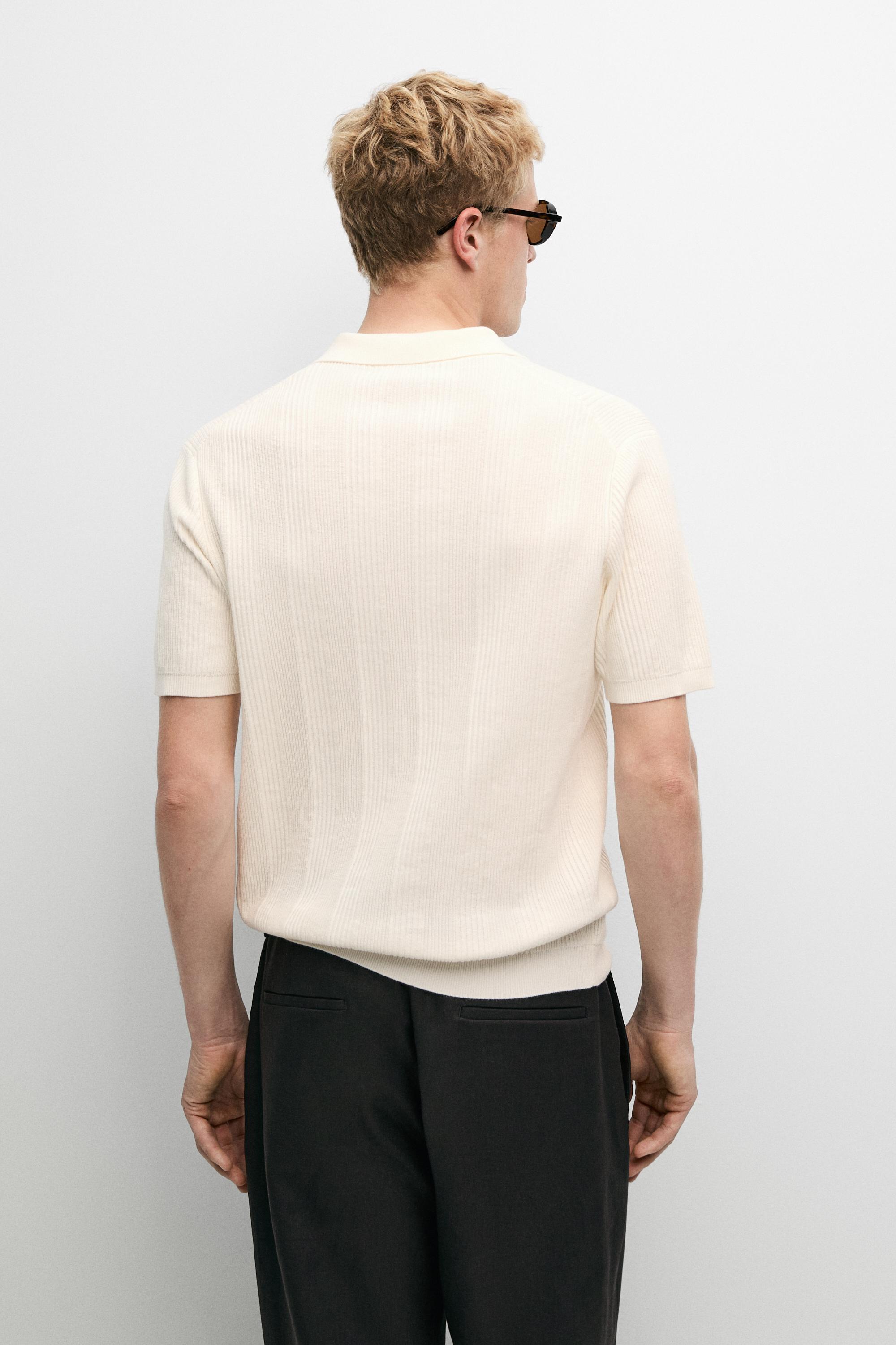 100% cotton textured striped knit polo shirt — CREAM