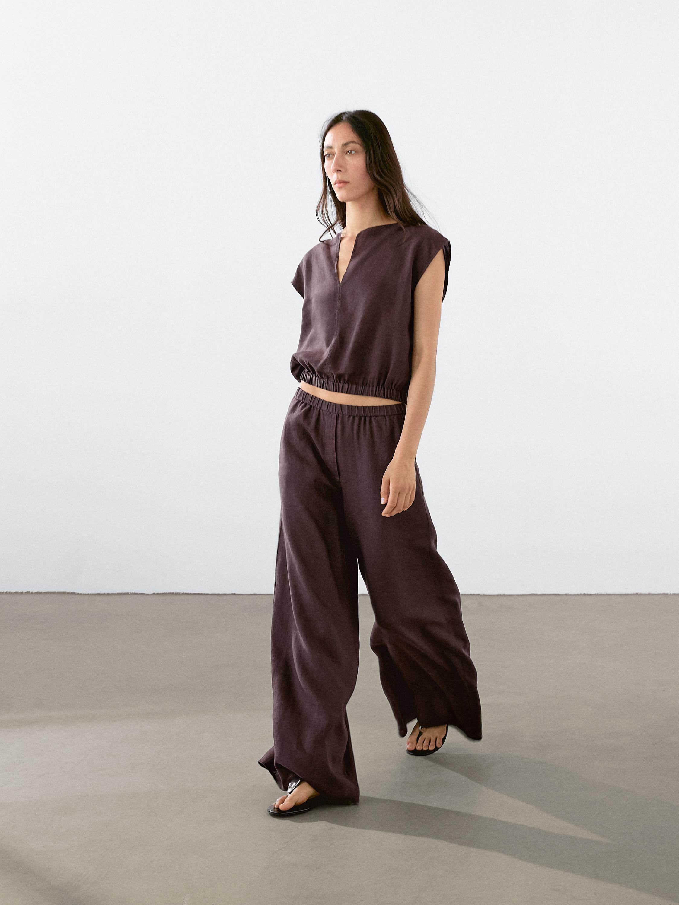 Straight-fit linen trousers with an elasticated waistband