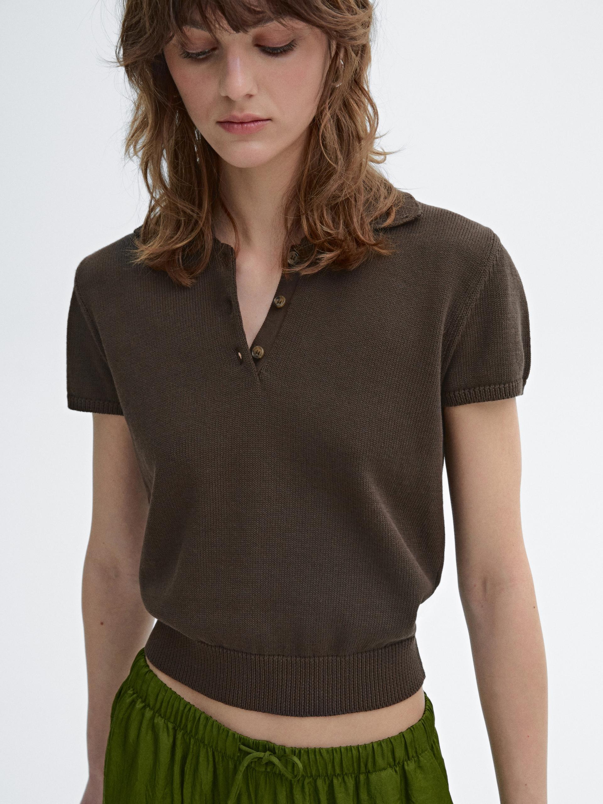Polo En Maille À Manches Courtes - Marron - M - Massimo Dutti - Femme