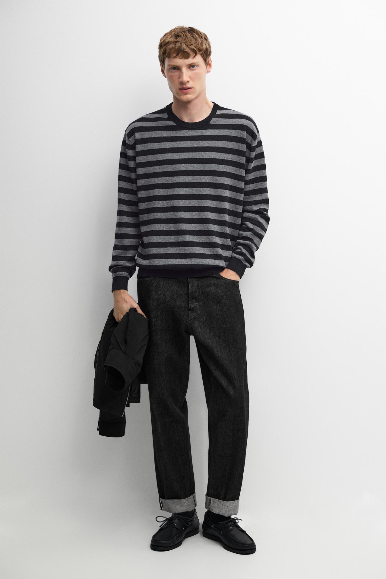 Cotton blend striped knit sweater — NAVY BLUE