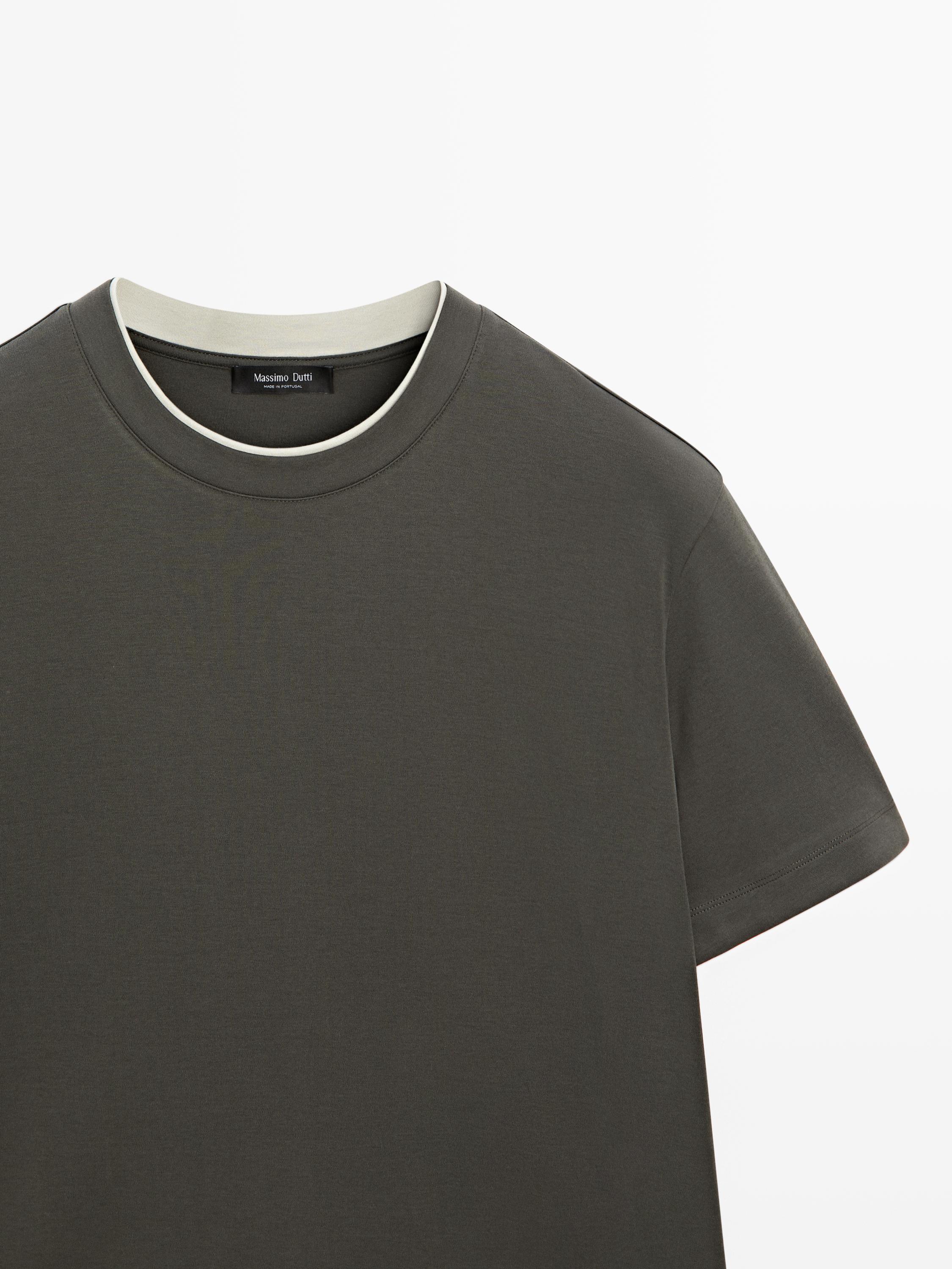 100% cotton T-shirt with contrast neckline — KHAKI