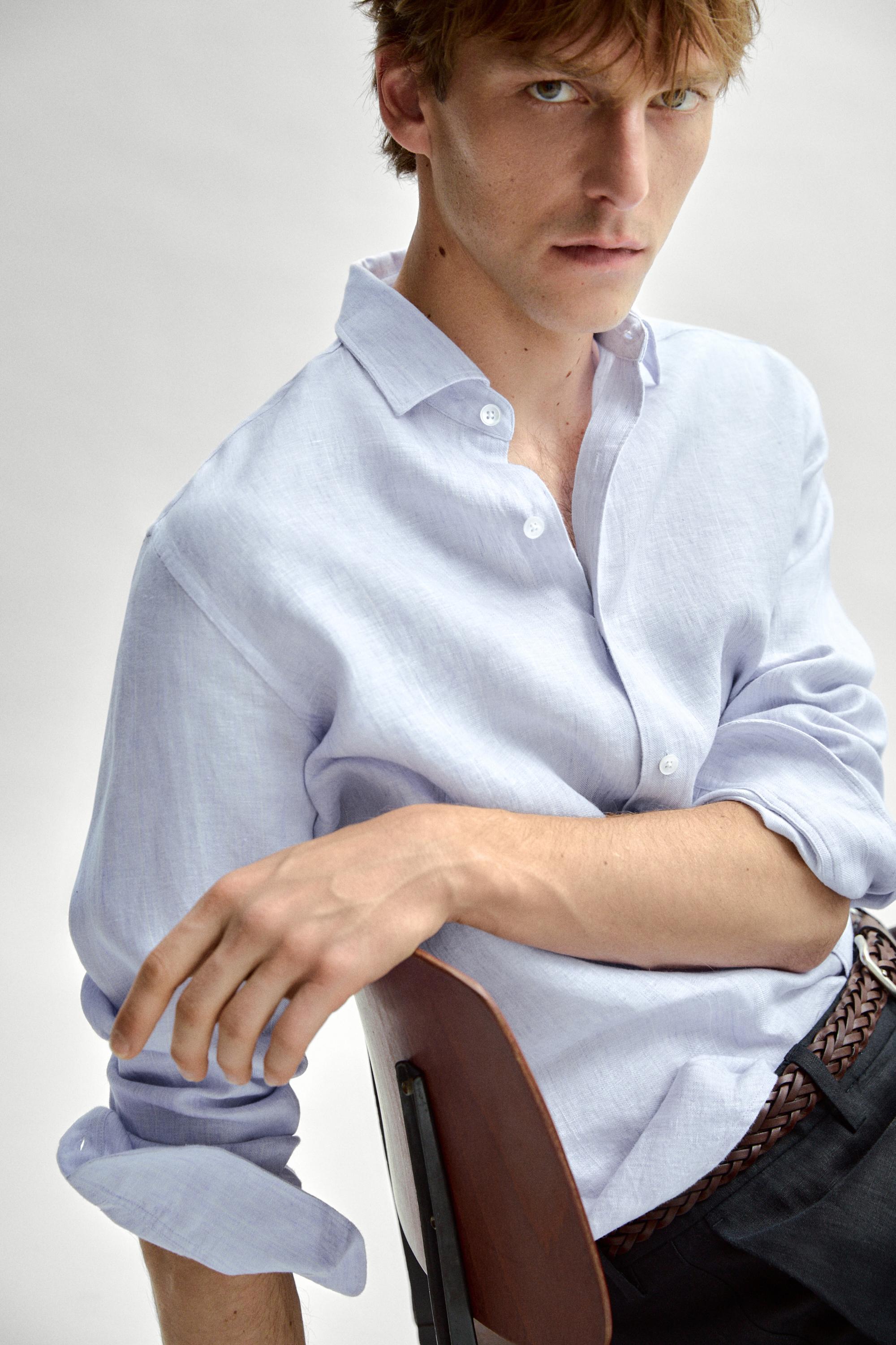 100% linen regular fit striped shirt — Light Blue