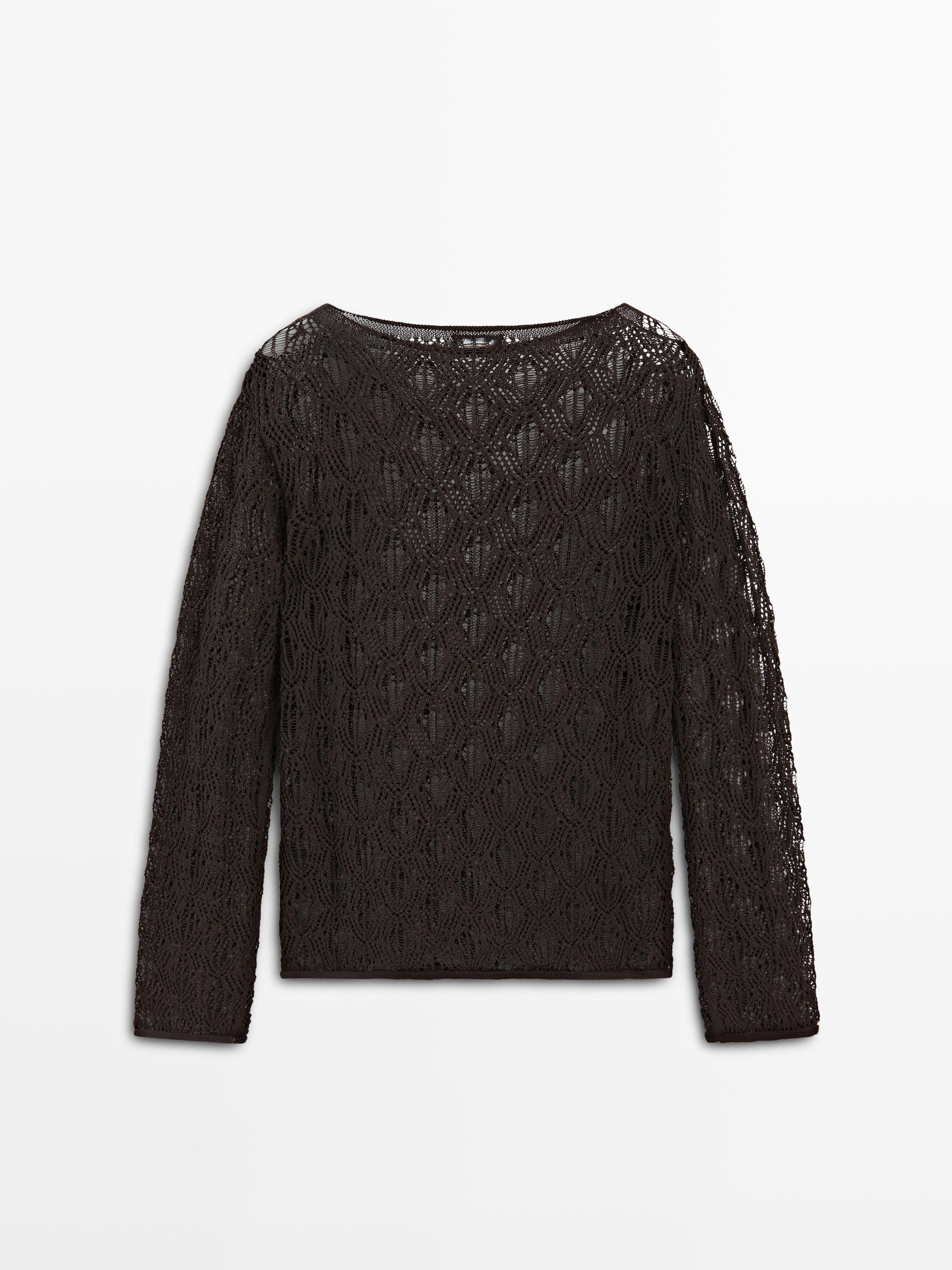 Boatneck sweater with openwork detail — BROWN
