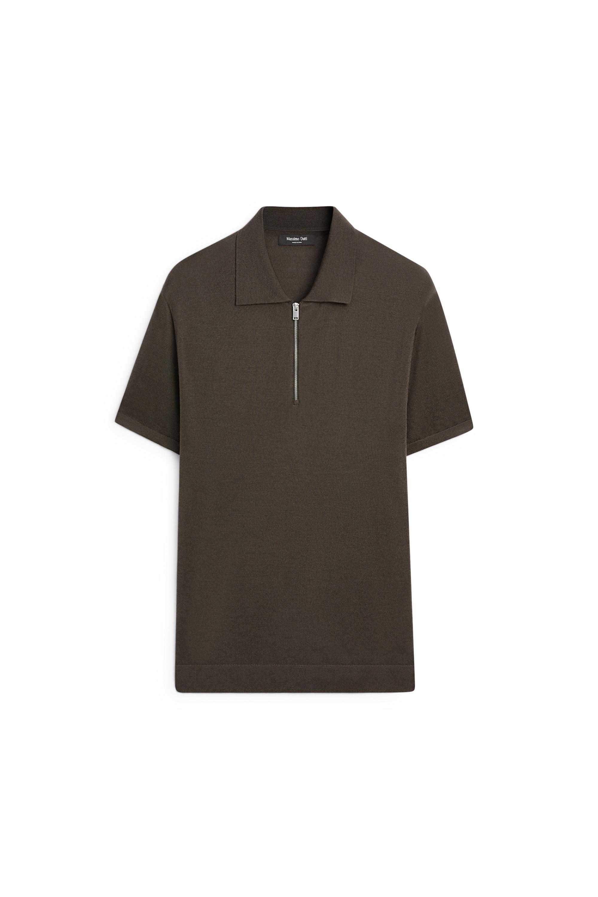 Wool blend zip-detail polo shirt — DARK KHAKI