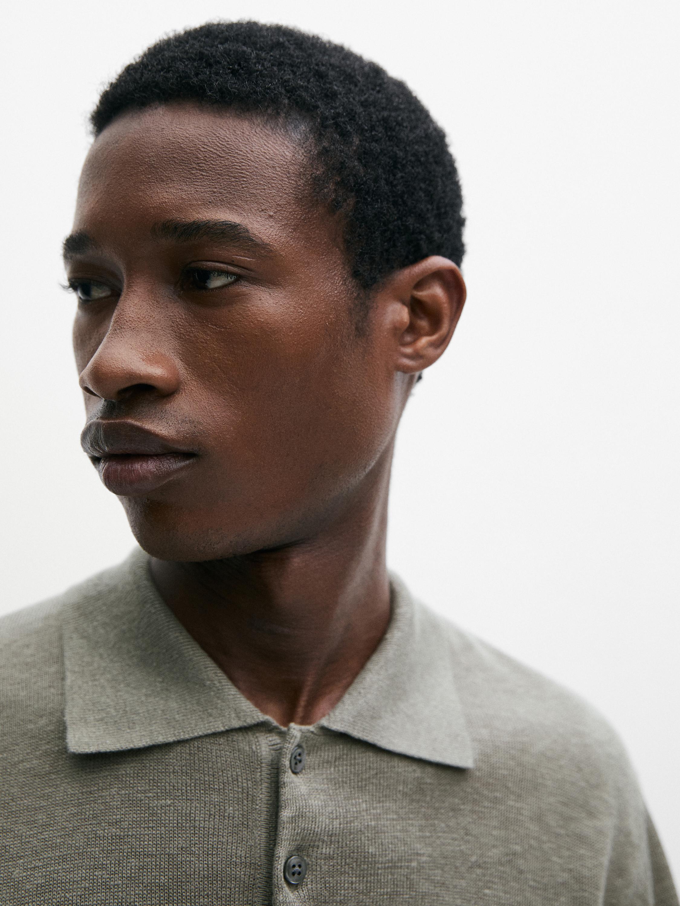 Linen knit polo sweater — MARINE GREEN