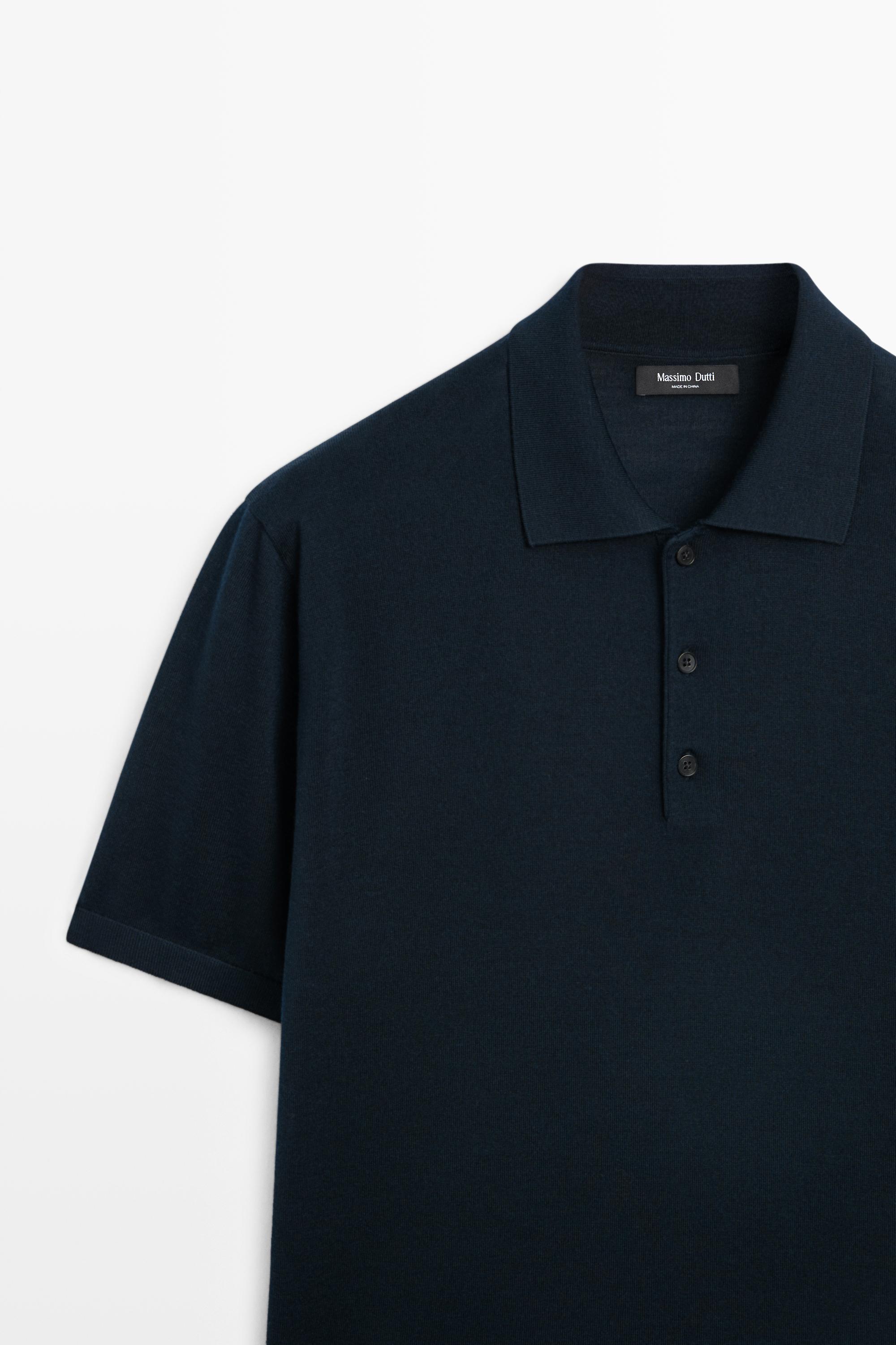 Wool blend knit polo shirt — NAVY BLUE