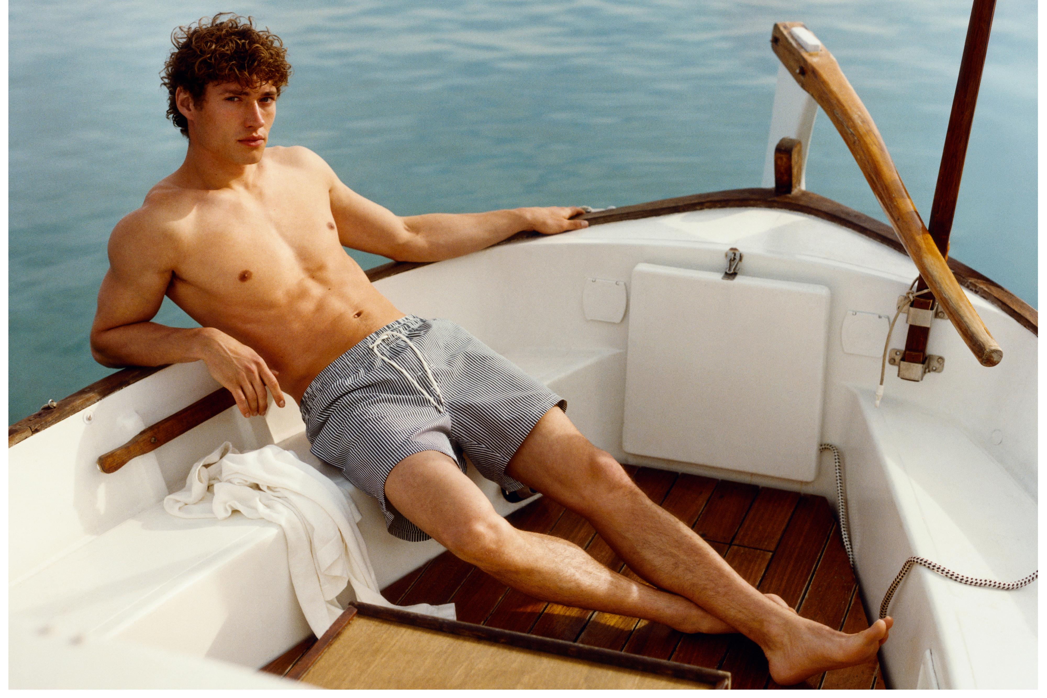 Swimming trunks with striped details — NAVY BLUE