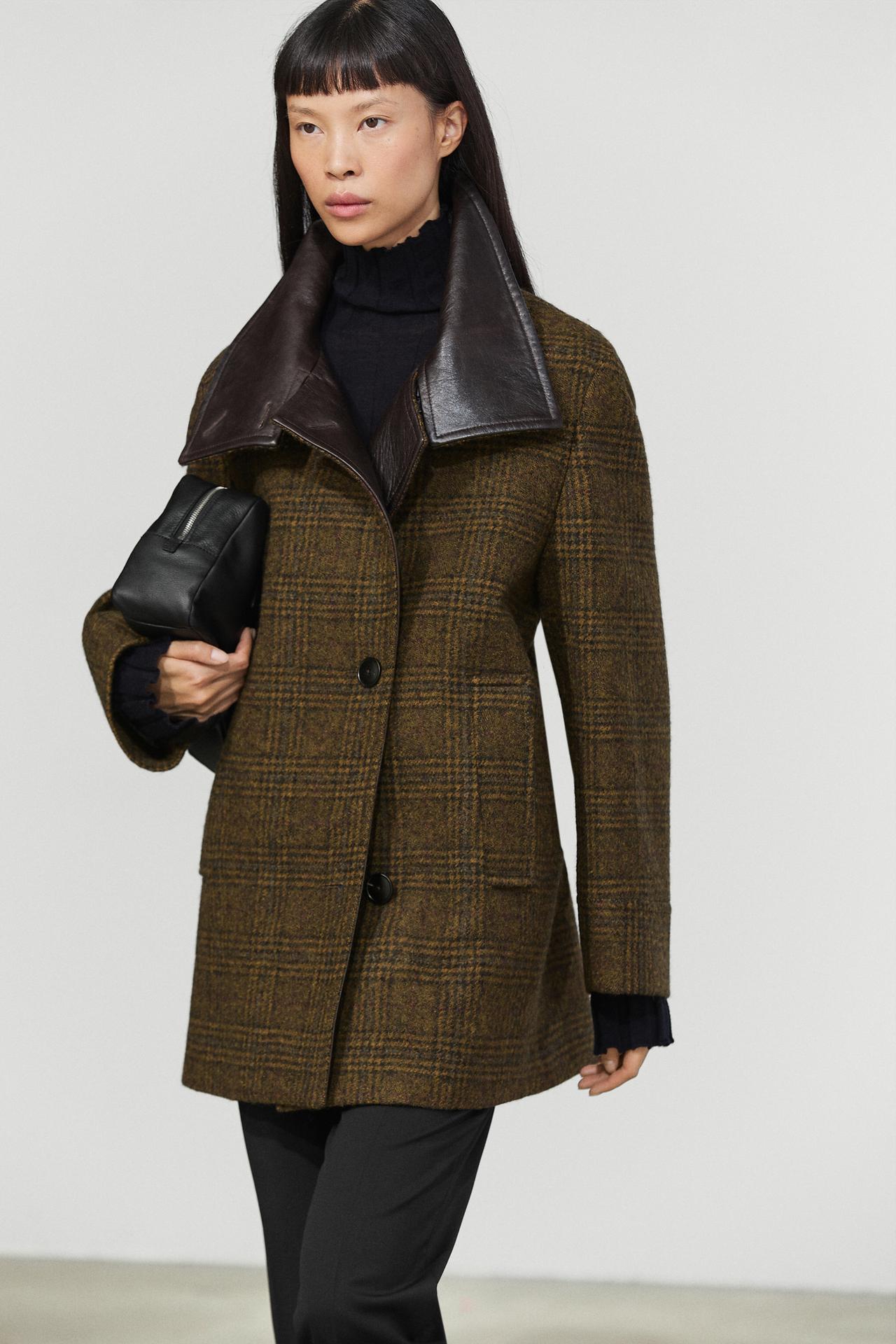 Medium coat with contrasting leather and suede detailing — Olive