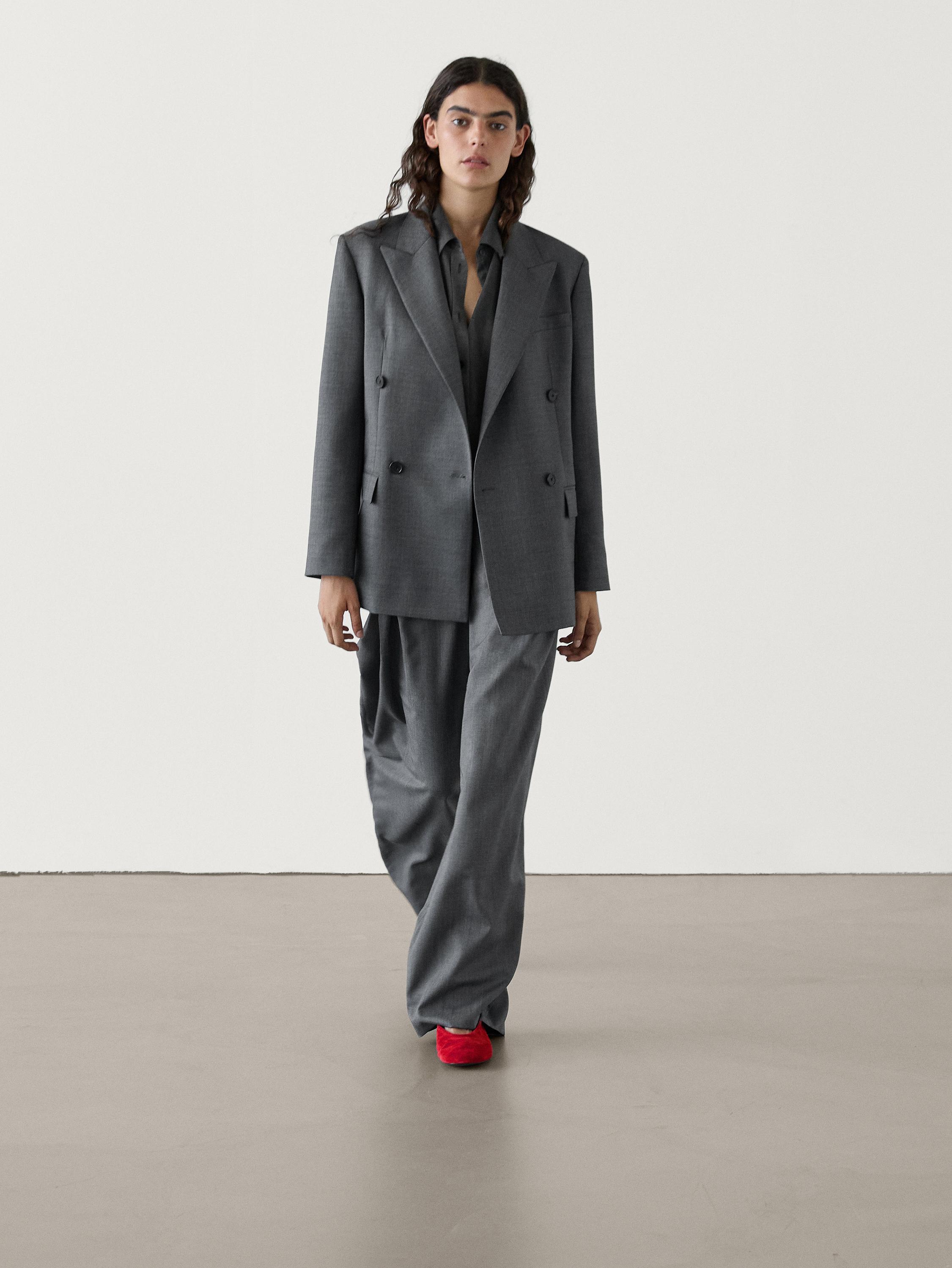 Straight-leg pleated wool trousers co-ord · Grey · Dressy | Massimo Dutti