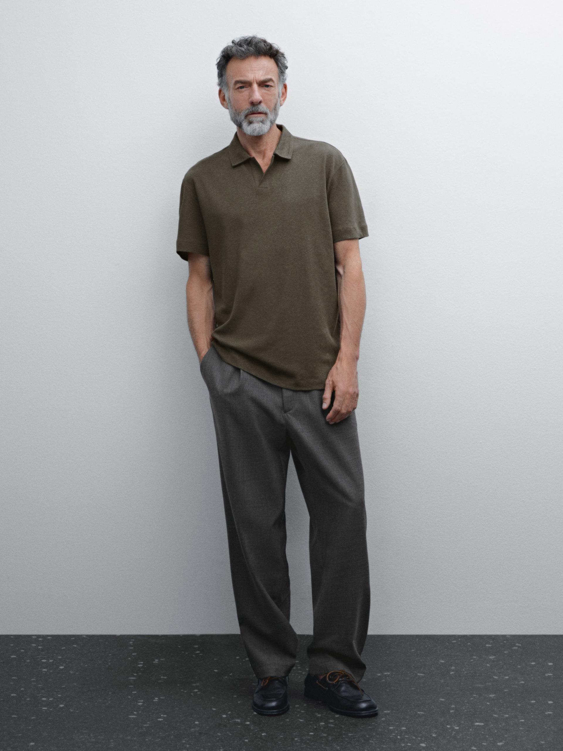 Polo Manga Corta Mezcla Lino - Kaki Oscuro - L - Massimo Dutti - Hombre