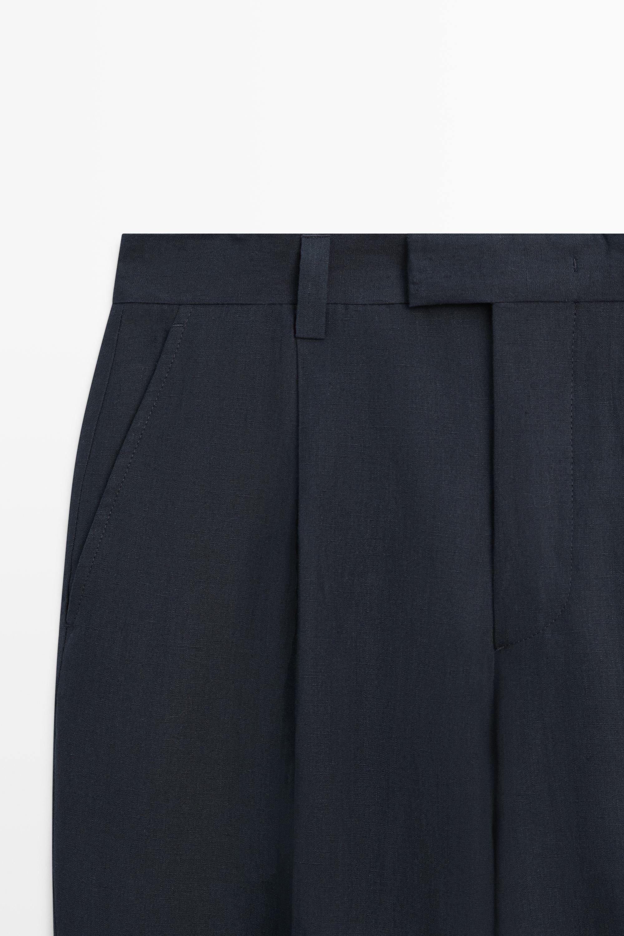 Darted 100% linen trousers — NAVY BLUE