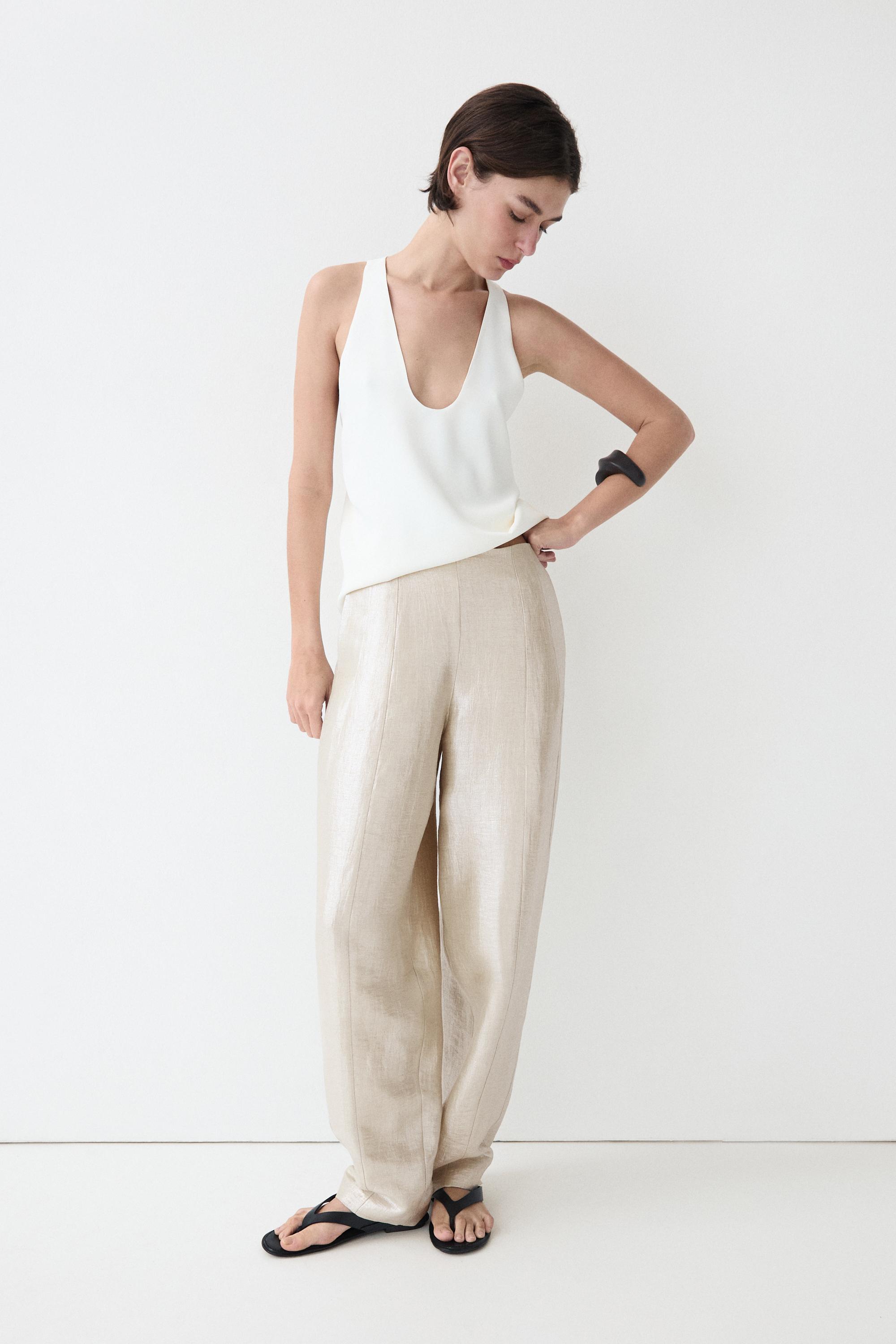 Flowing metallic linen trousers — BEIGE