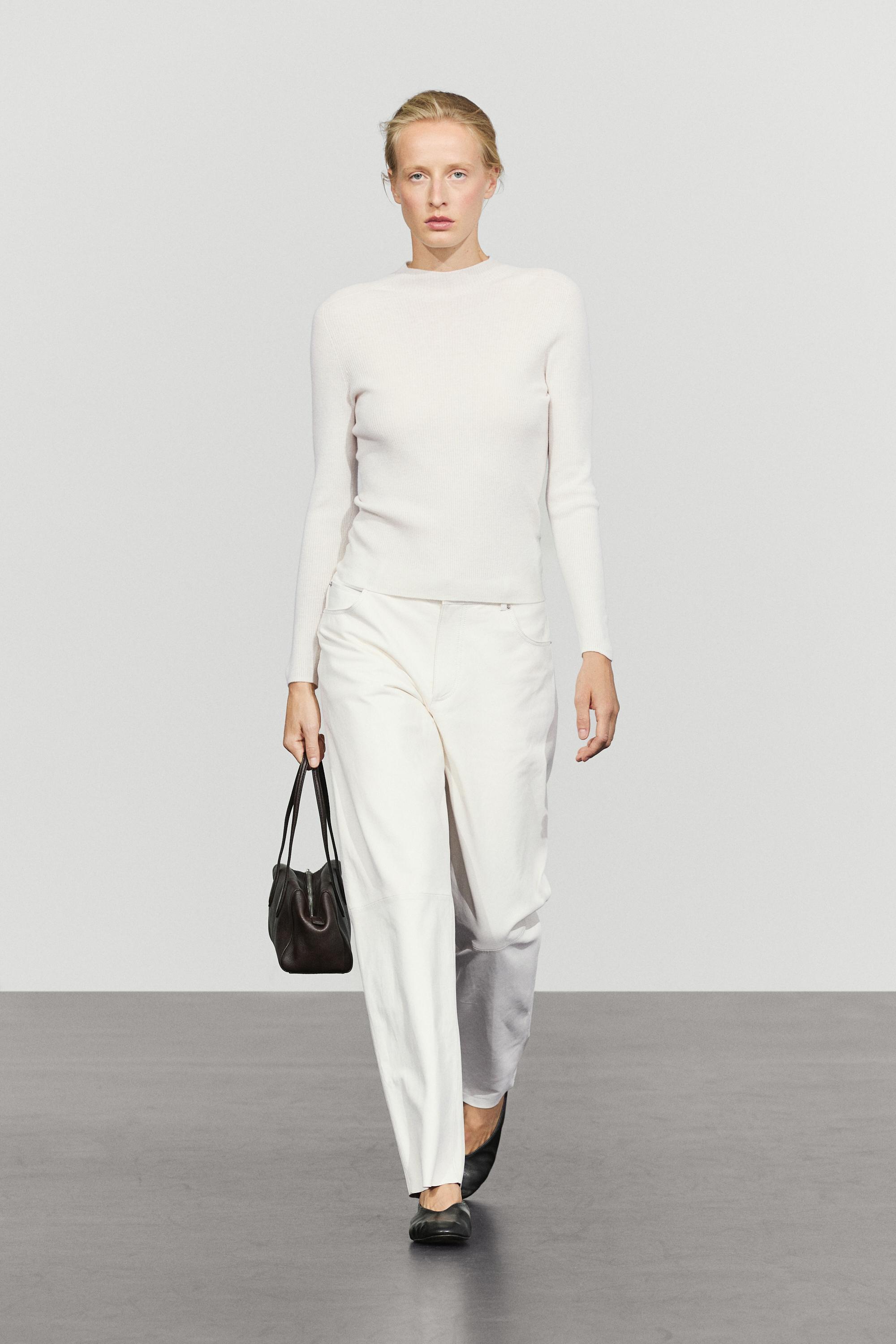 Ribbed knit mock turtleneck sweater — CREAM