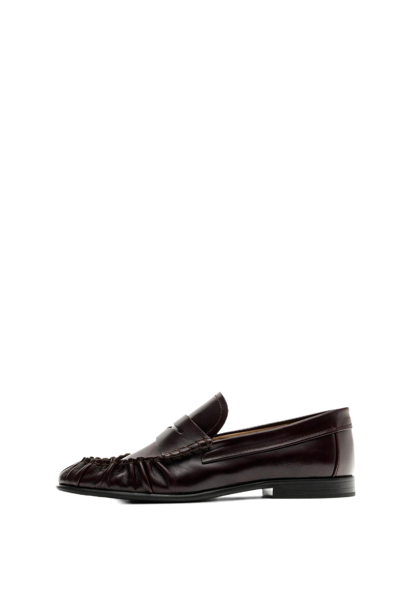 Shirred Leather Loafer — BROWN