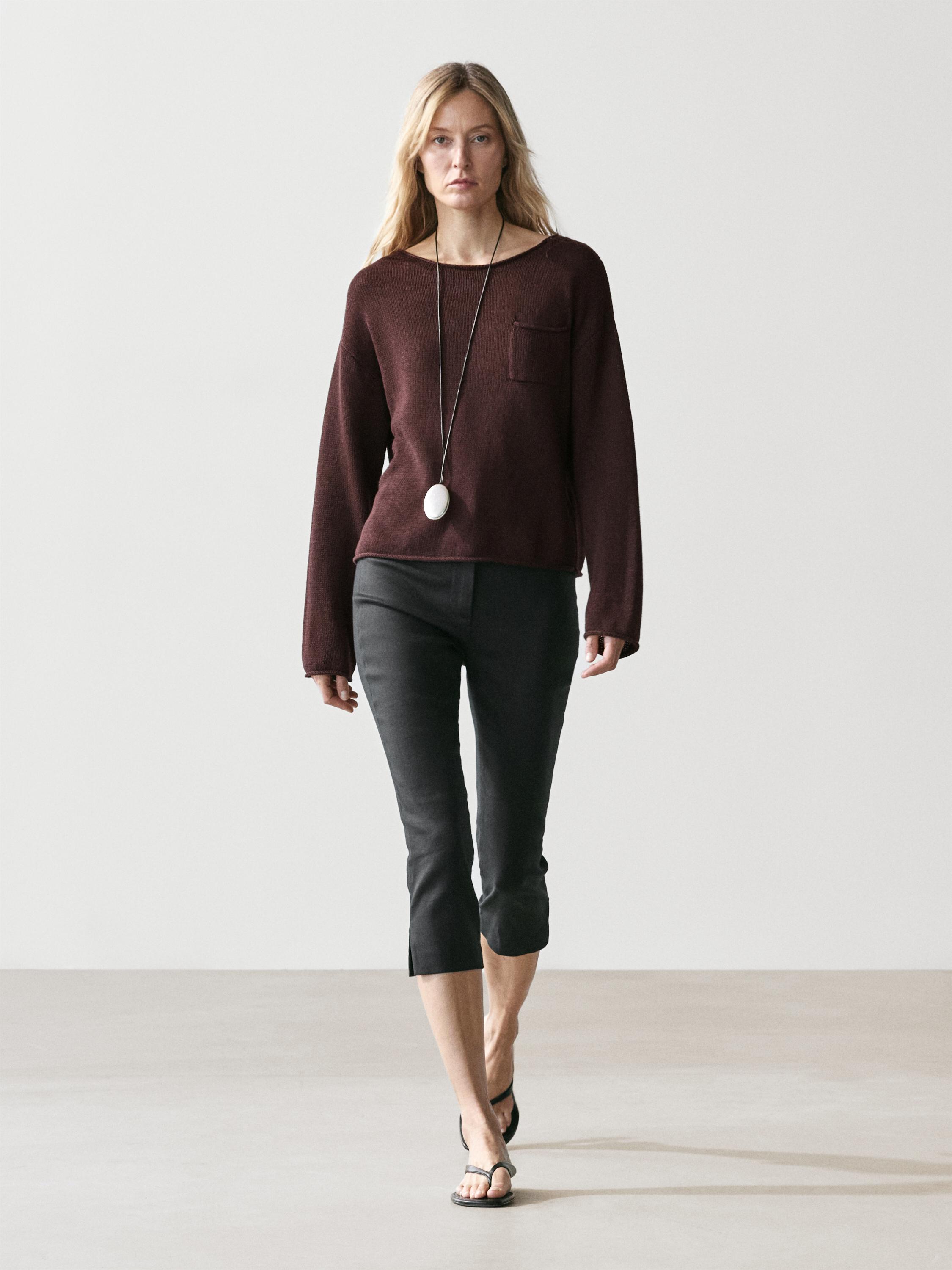 Cotton and linen knit sweater with pocket detail — BROWN