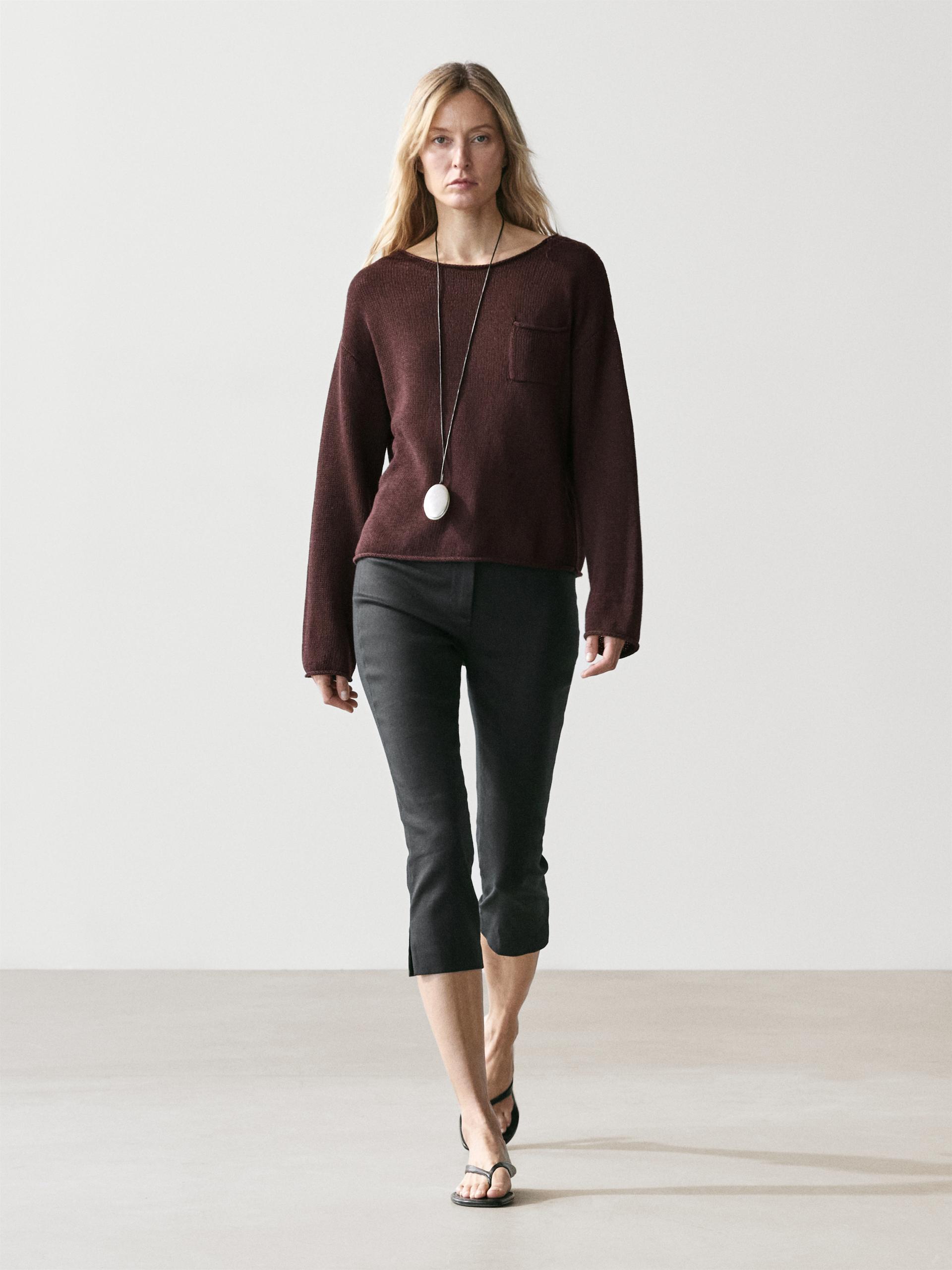 Jersey Punto Detalle Bolsillo Algodón Lino - Marrón - L - Massimo Dutti - Mujer