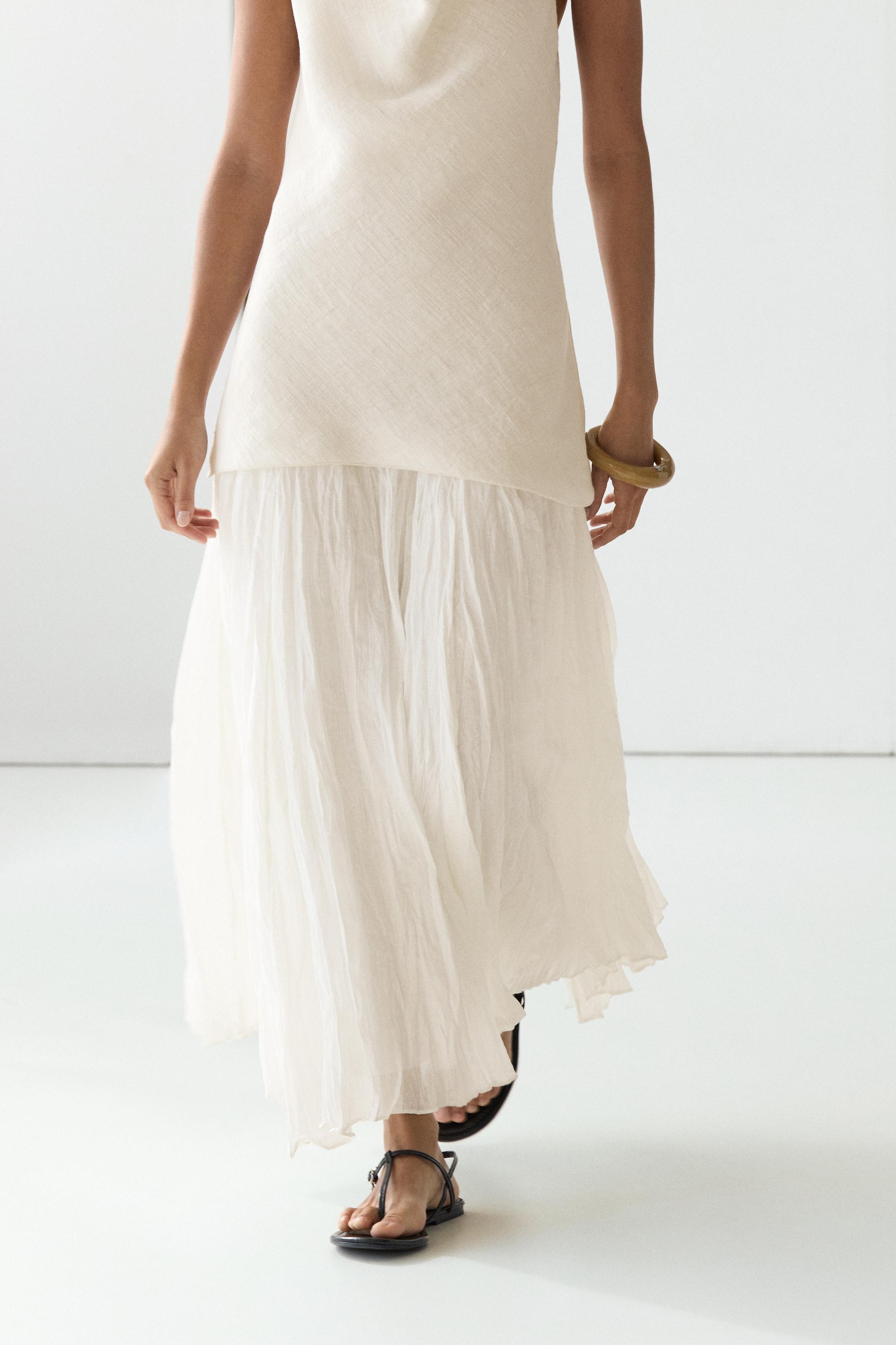 Combined flowing pleated linen dress — Off white