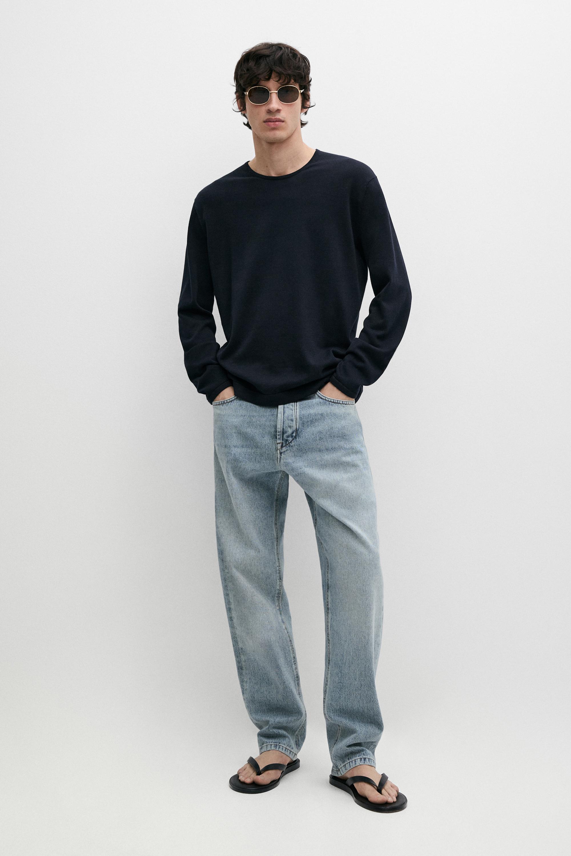Knit 100% cotton crew neck sweater — NAVY BLUE