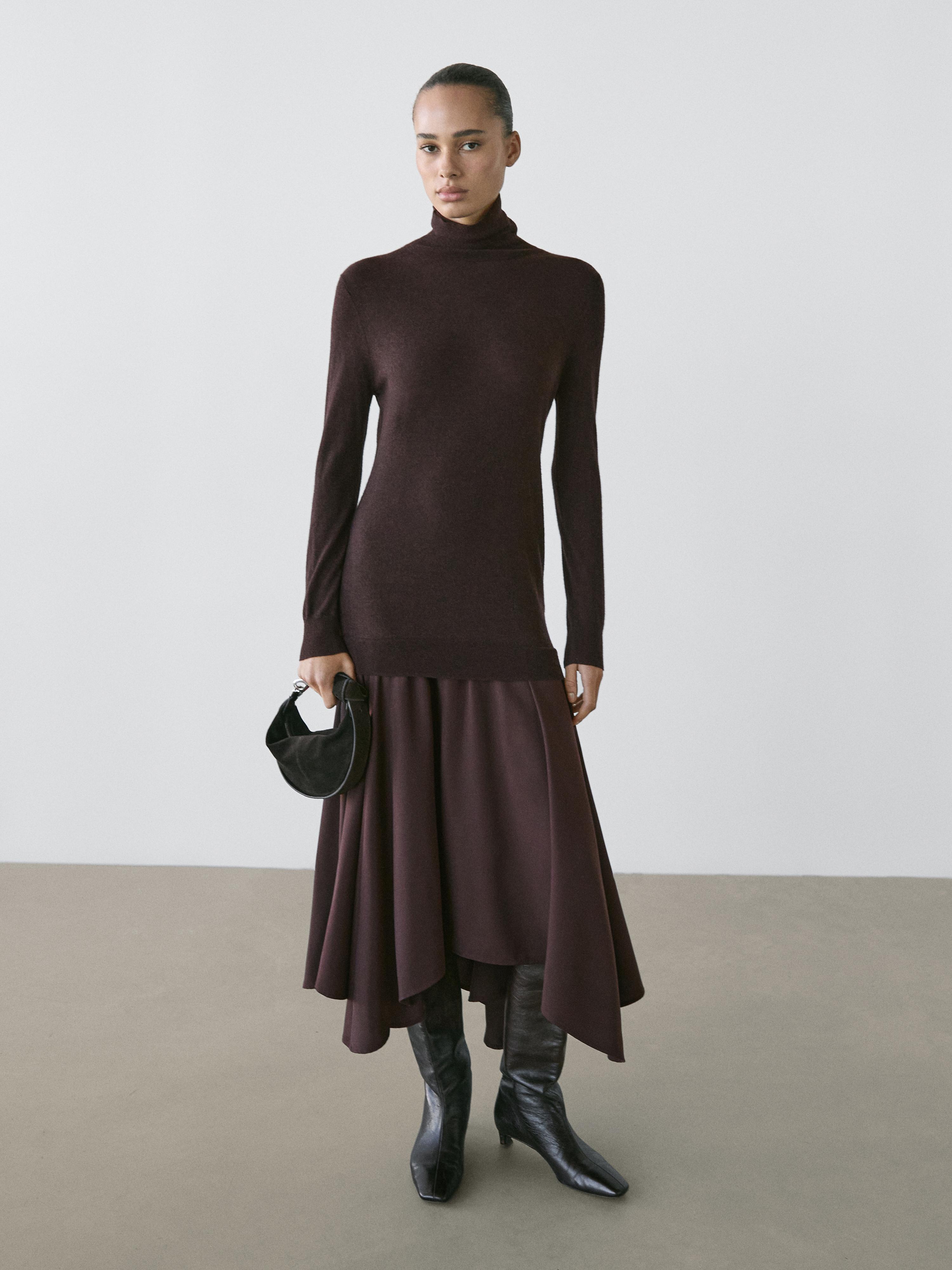Wool blend knit dress with contrast detail — Chocolate