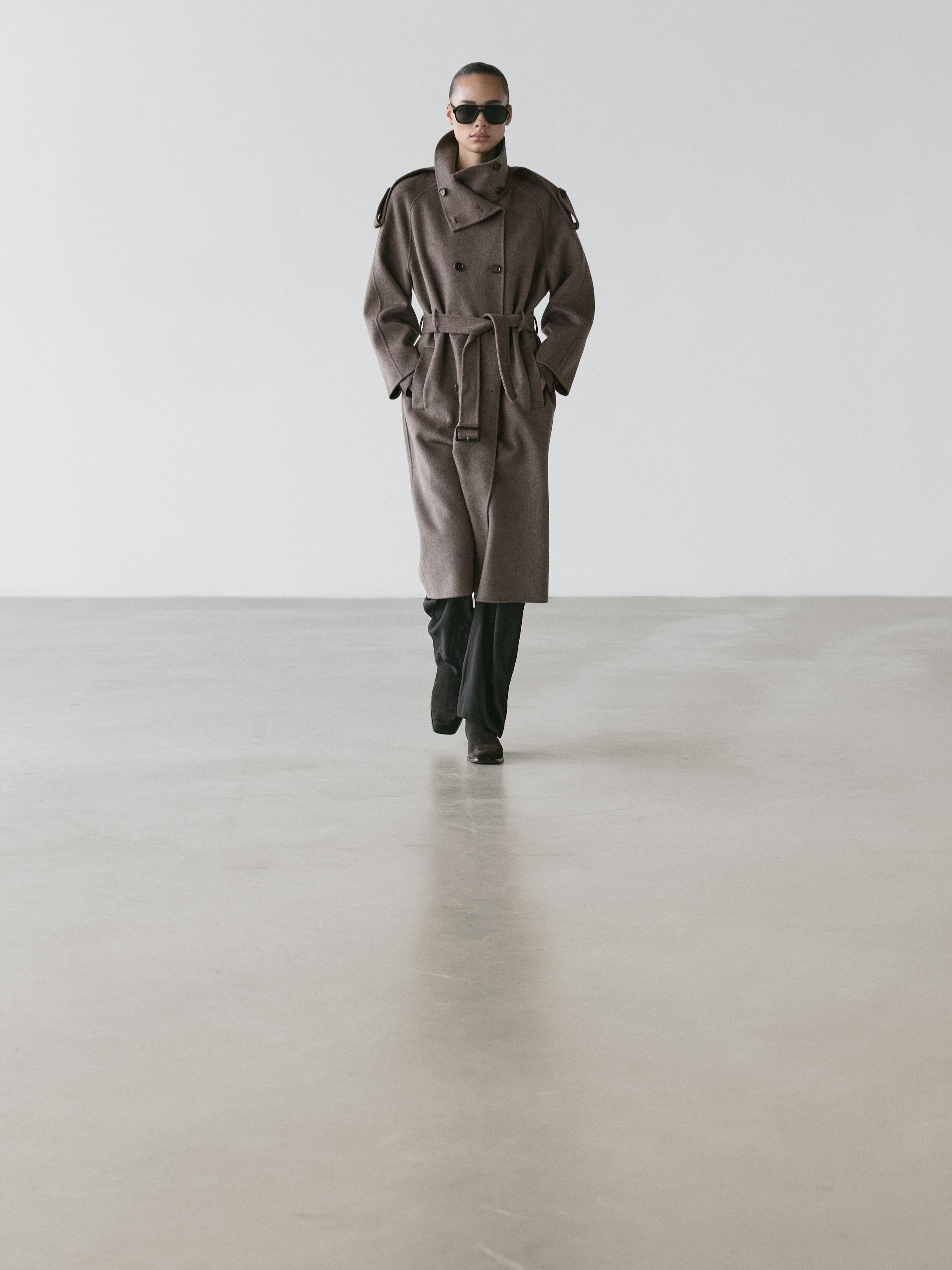 Long wool blend trench coat with belt · Lead · Coats | Massimo Dutti